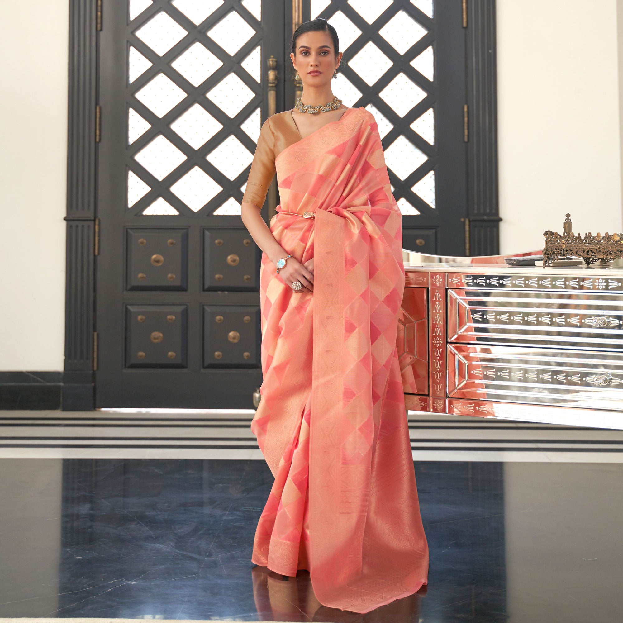 Peach Woven Organza Saree