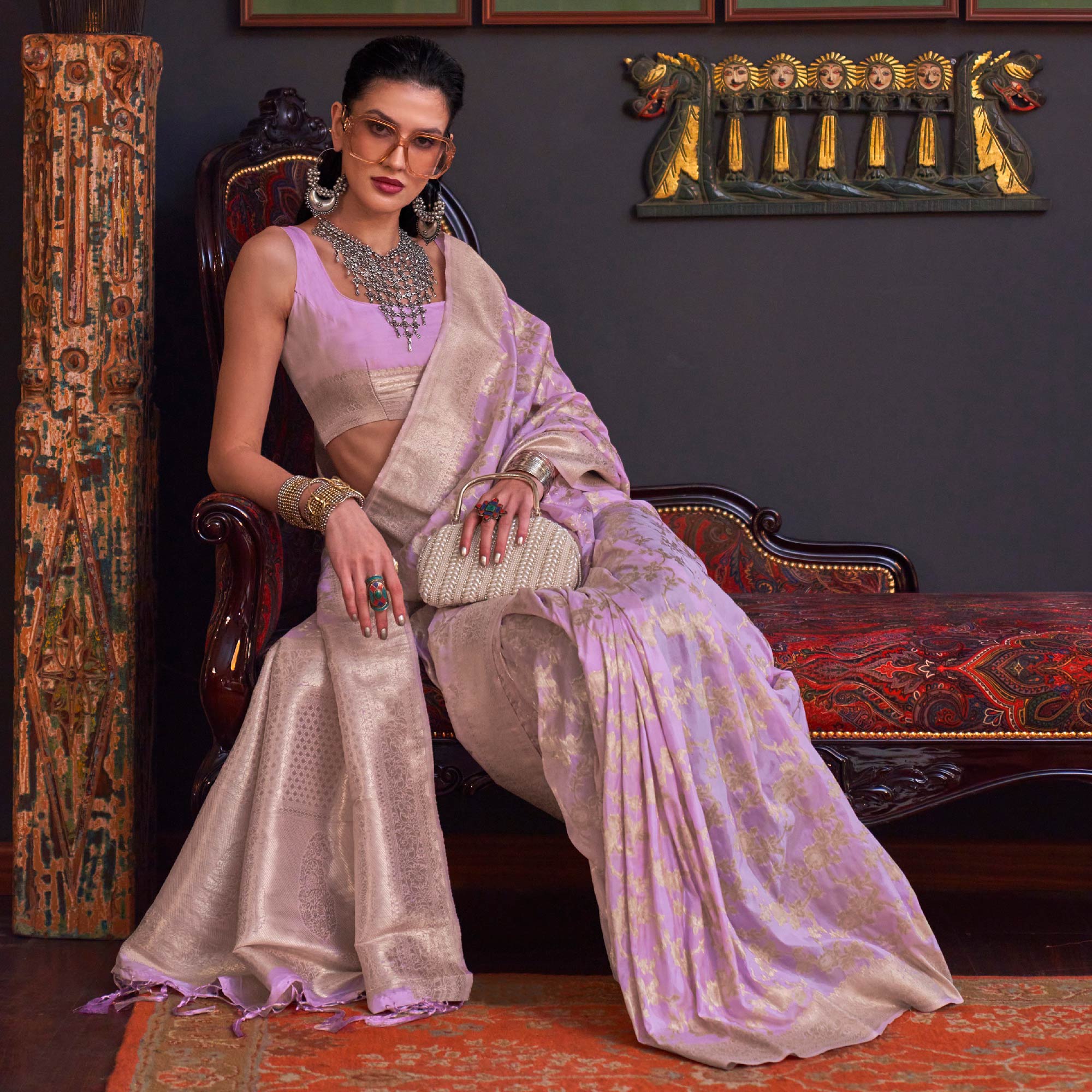 Light Purple Woven Art Silk Saree With Tassels