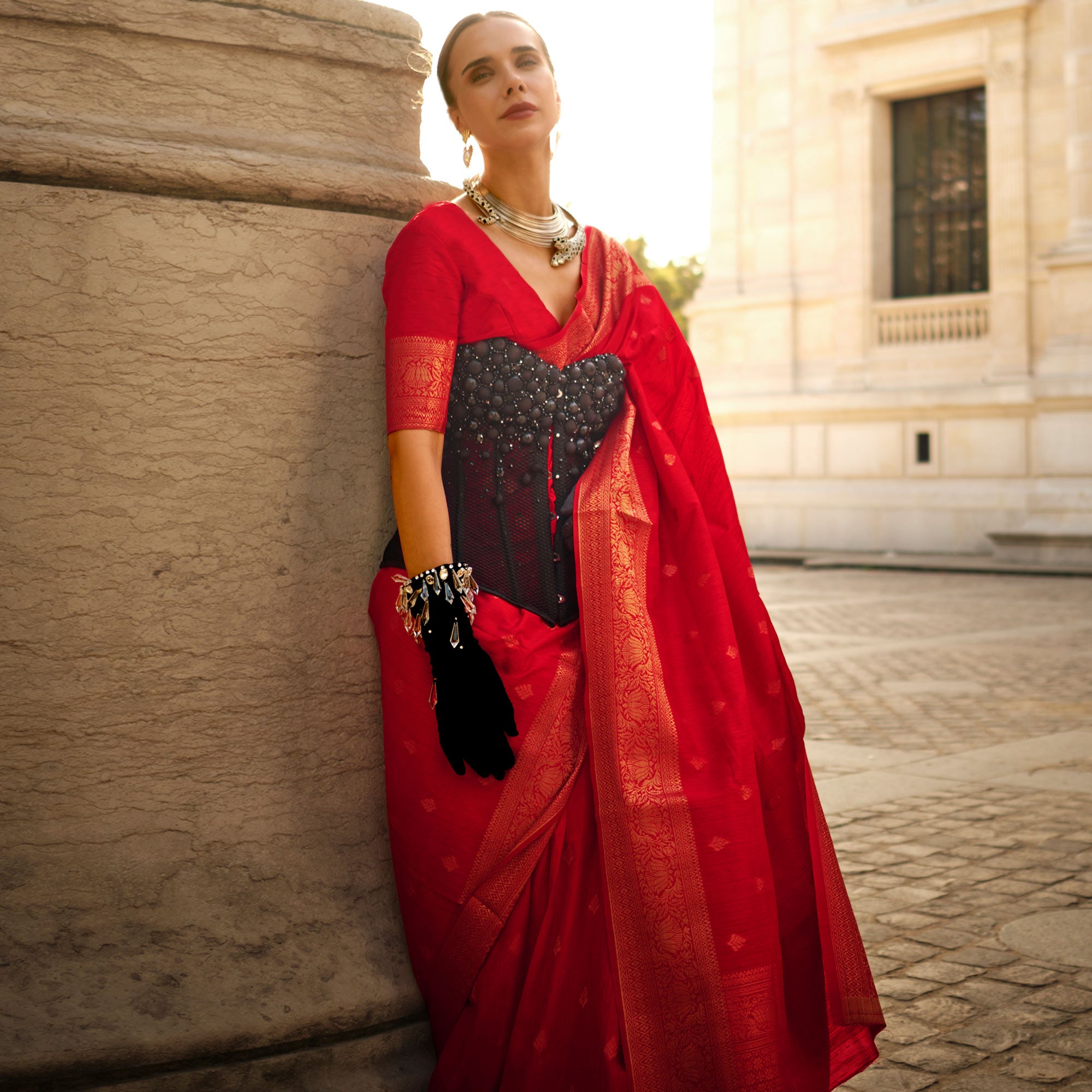 Red Floral Woven Khaadi Silk Saree