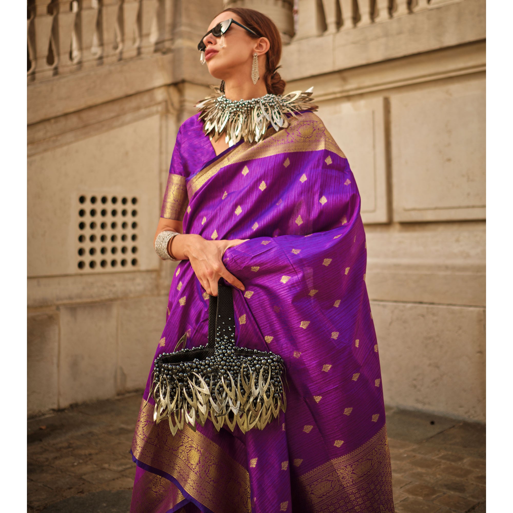 Purple Floral Woven Khaadi Silk Saree