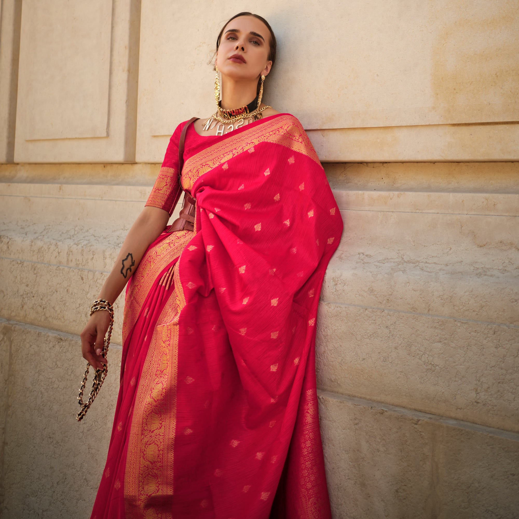 Pink Floral Woven Khaadi Silk Saree