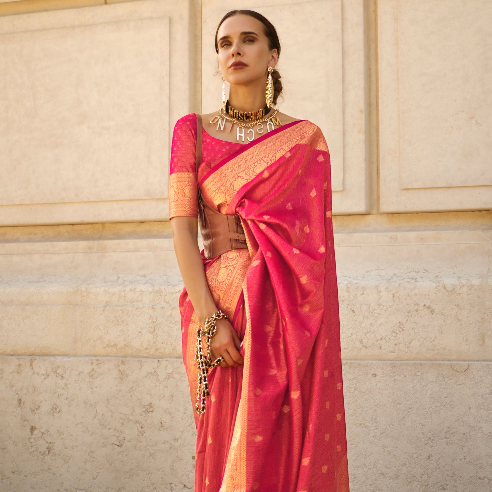 Coral Floral Woven Khaadi Silk Saree