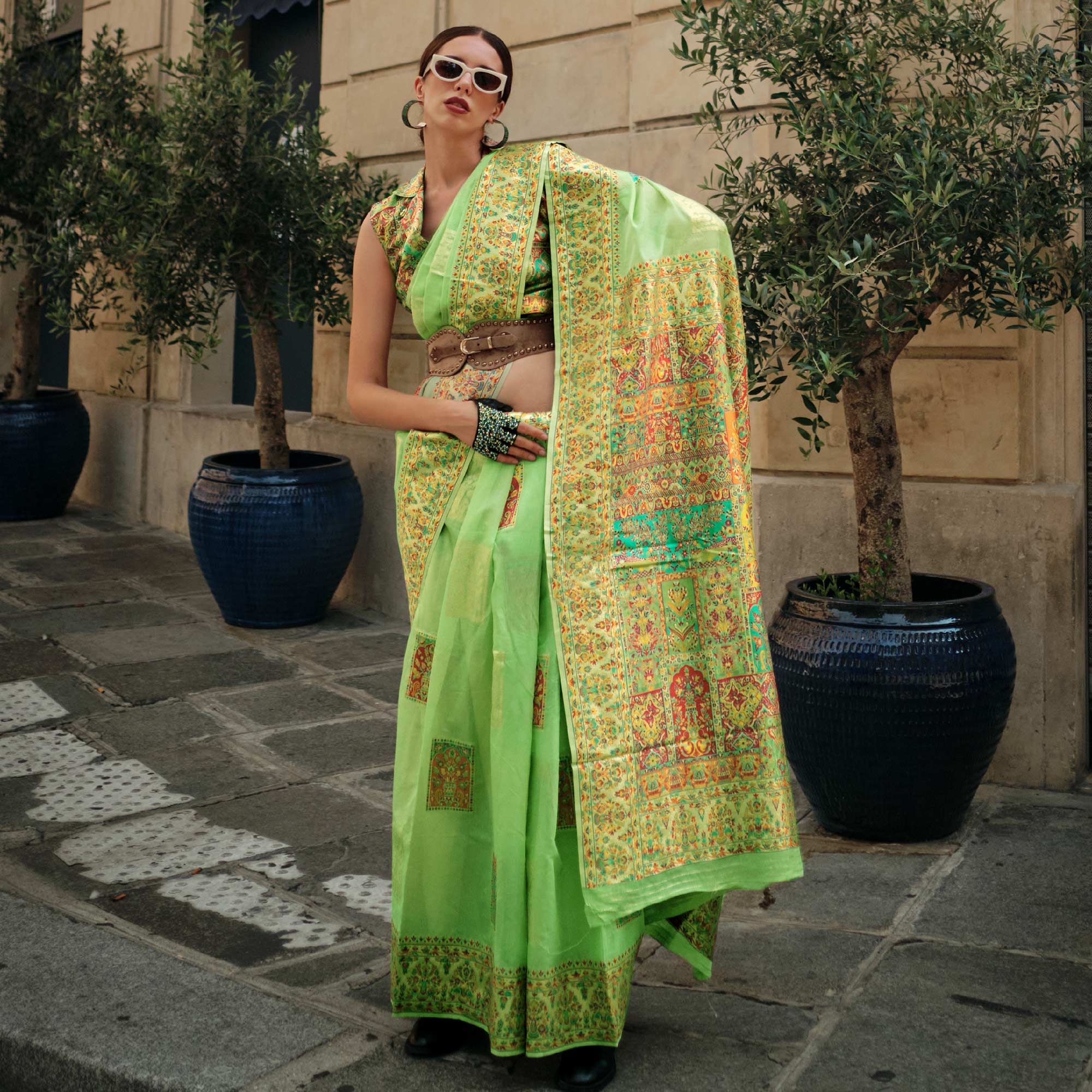 Light Green Floral Embroidered Woven Chanderi Silk Saree