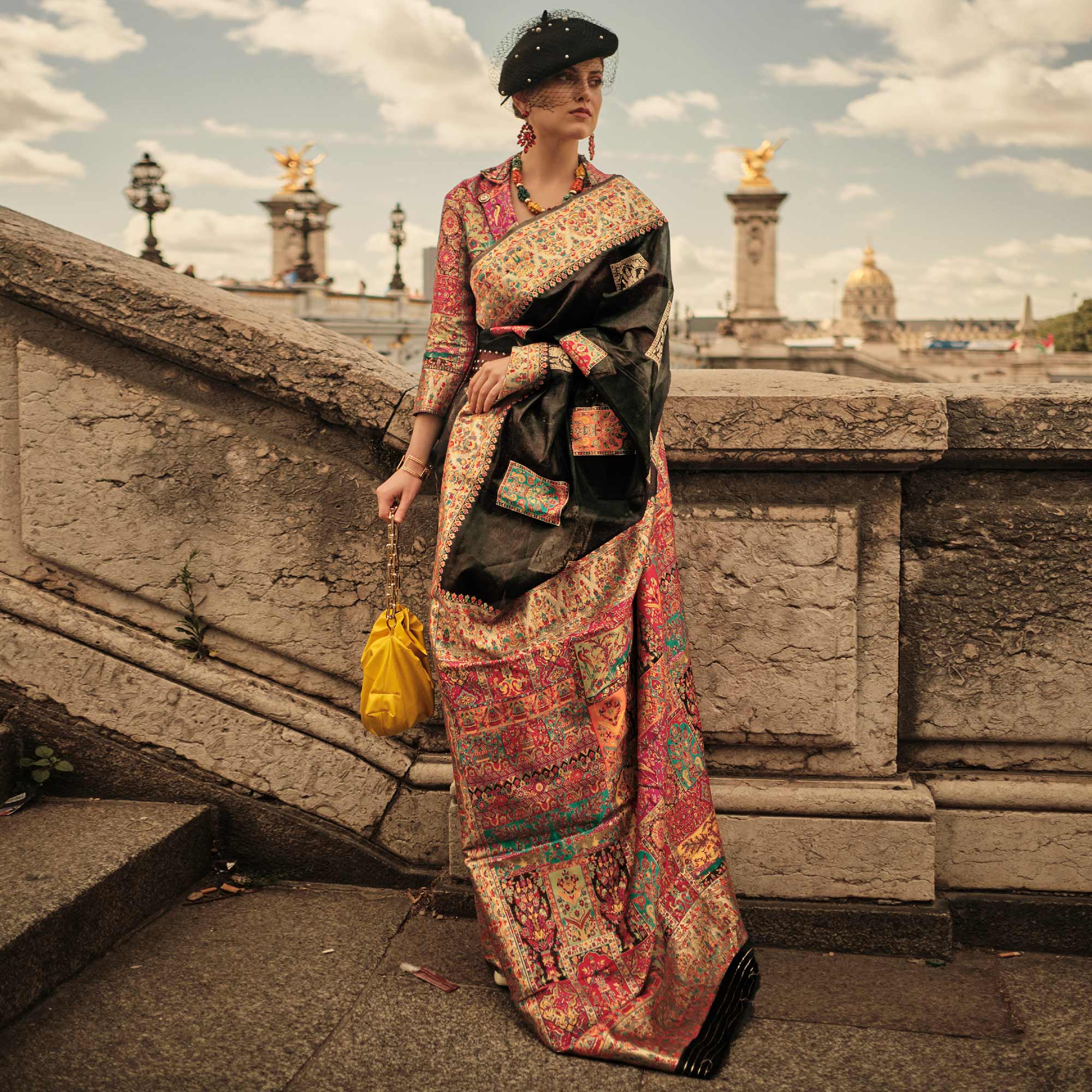 Black Floral Embroidered Woven Chanderi Silk Saree