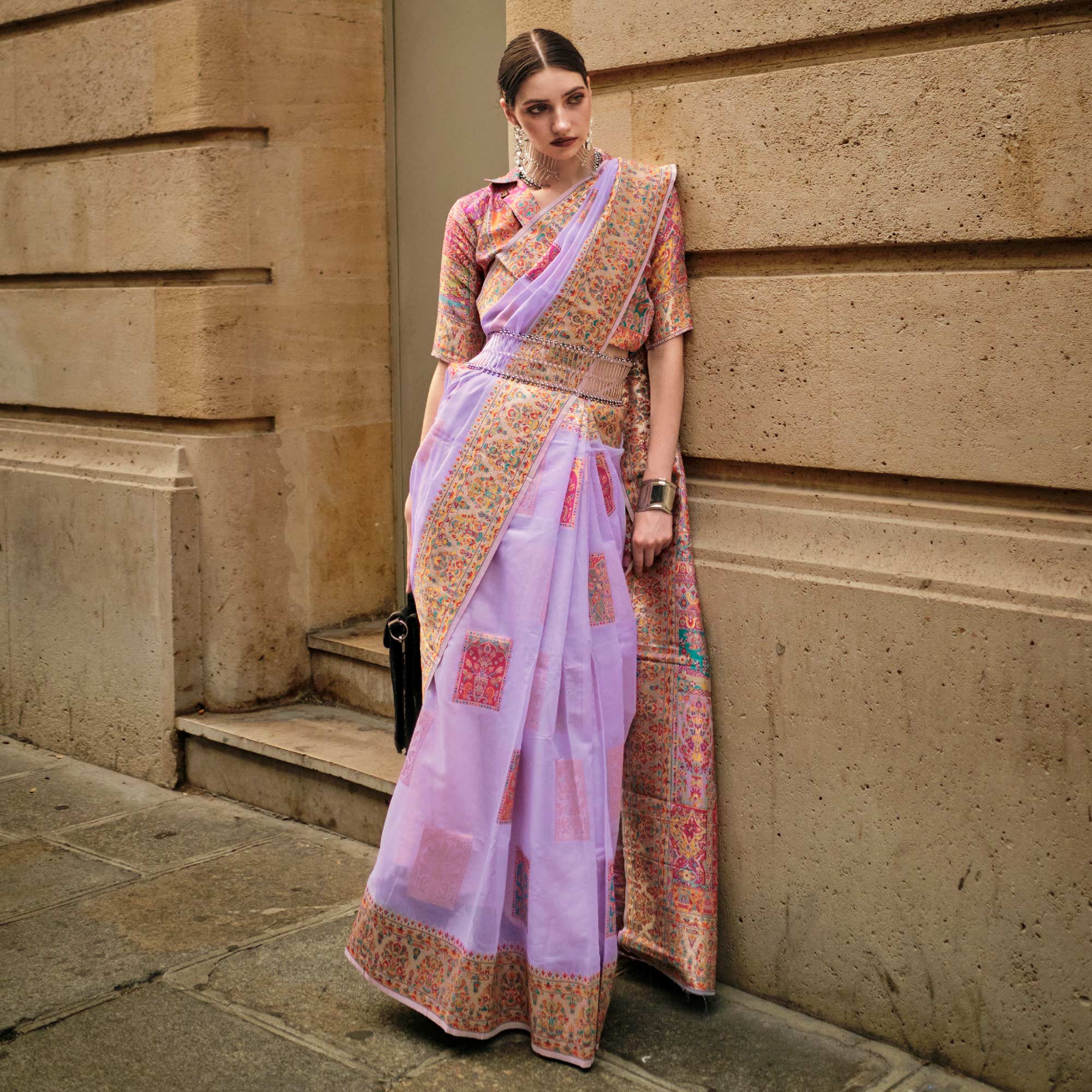 Lavender Floral Embroidered Woven Chanderi Silk Saree