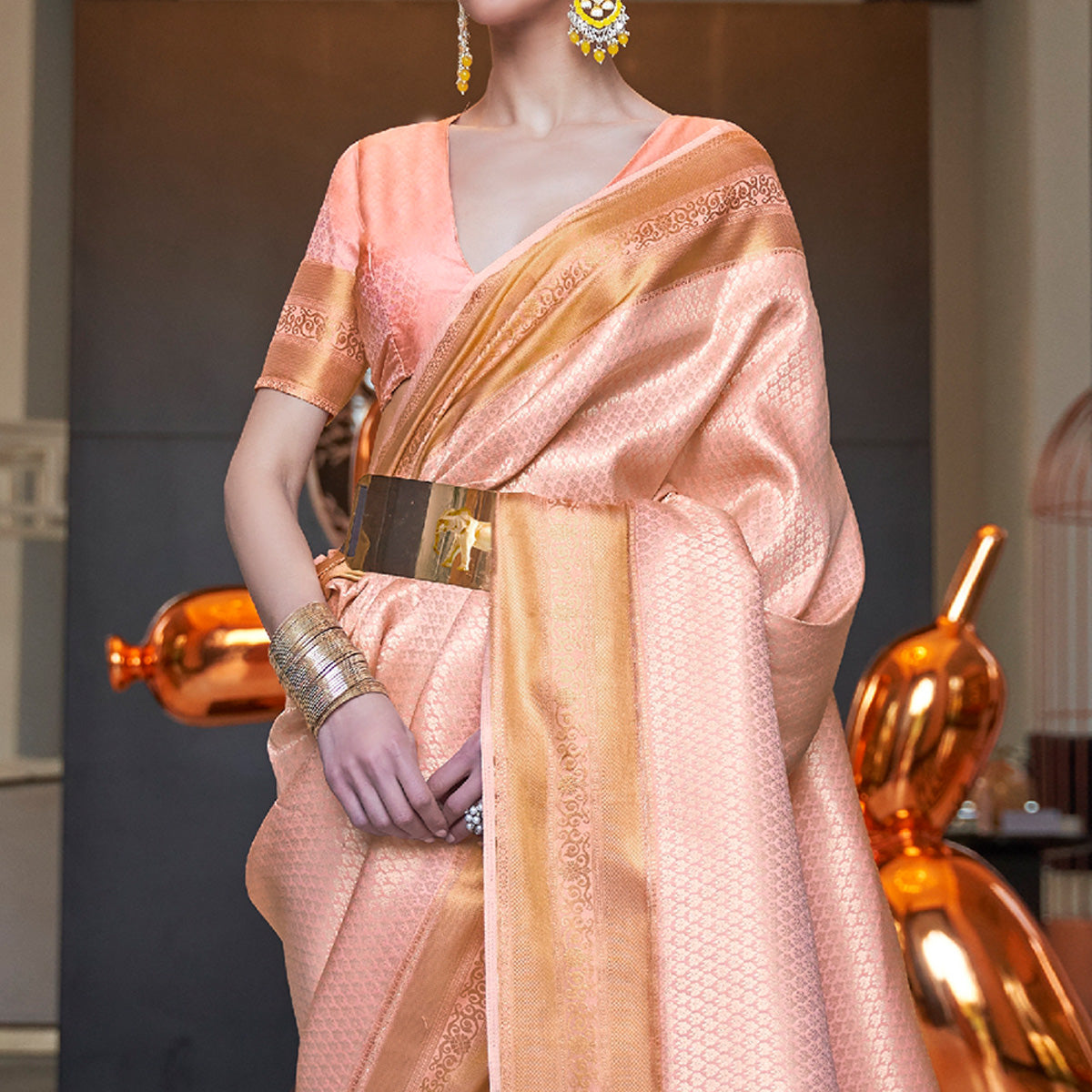 Peach Woven Art Silk Saree