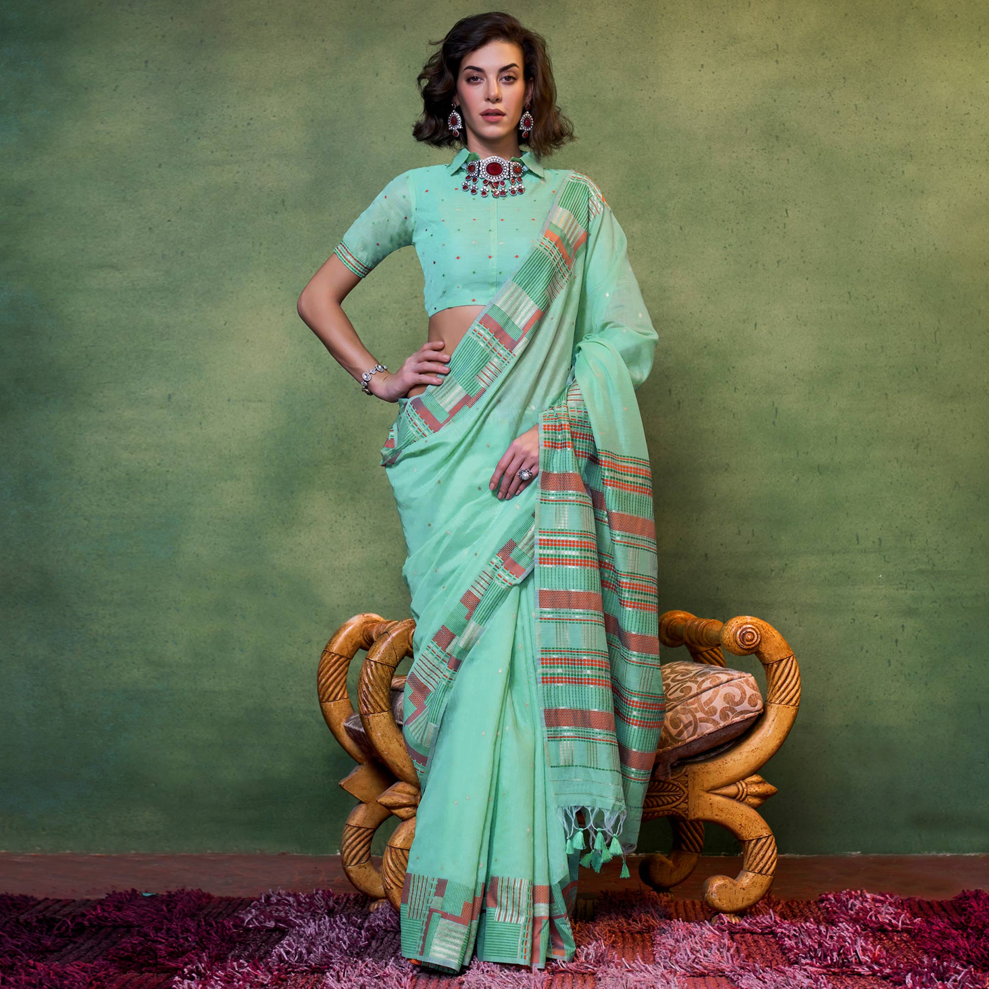 Turquoise Woven Cotton Silk Saree With Tassels