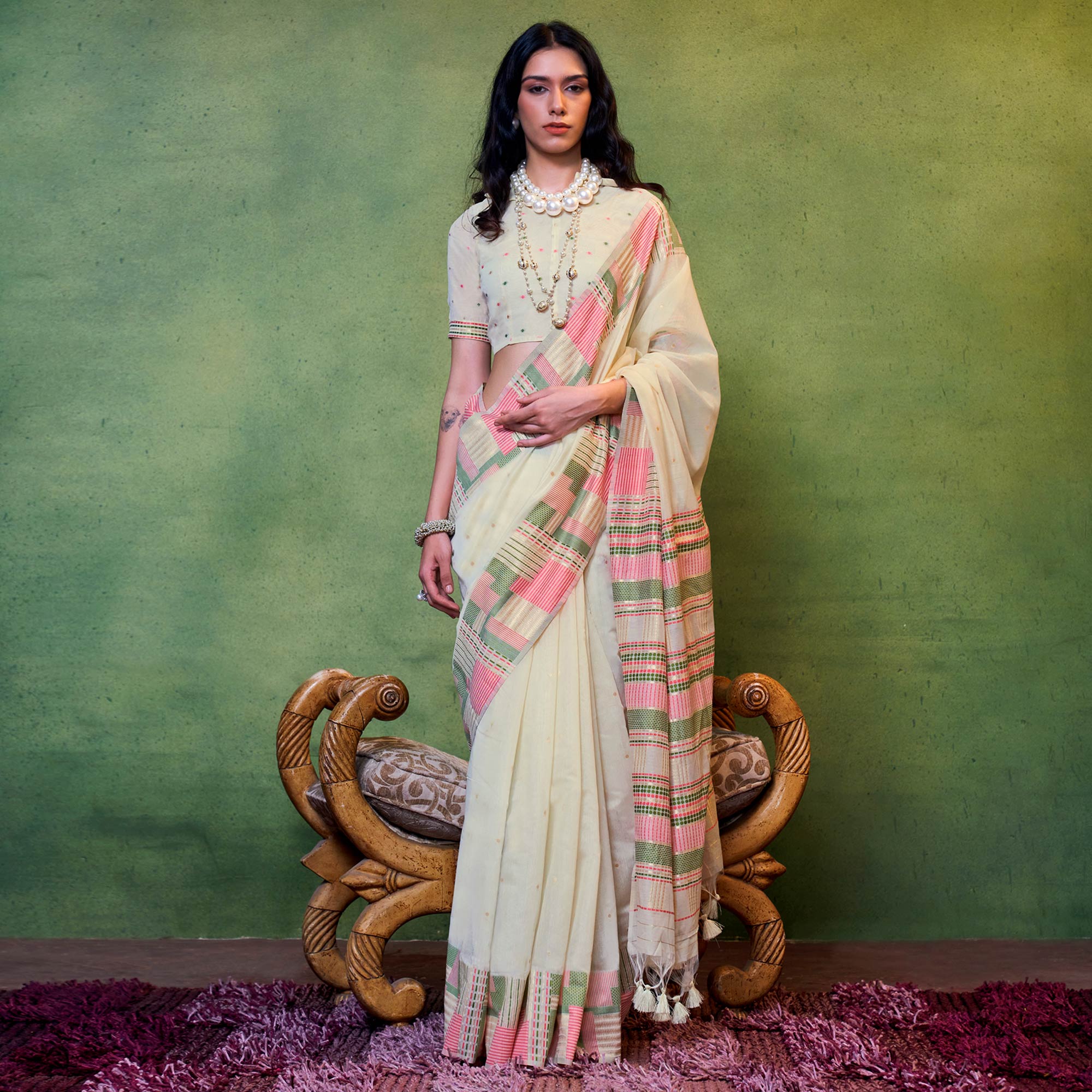 Cream Woven Cotton Silk Saree With Tassels