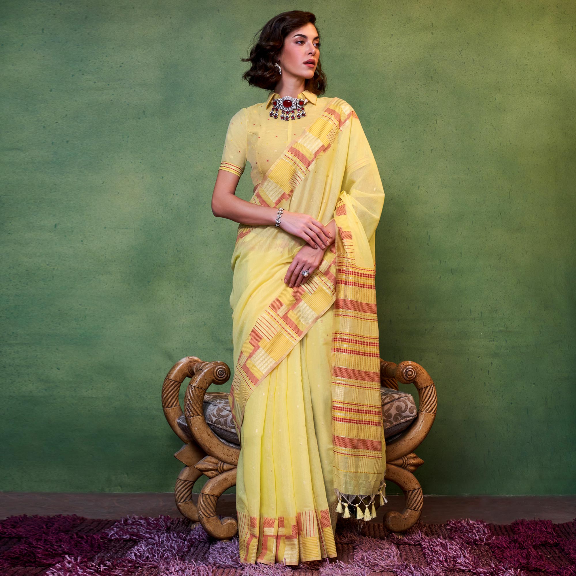 Yellow Woven Cotton Silk Saree With Tassels