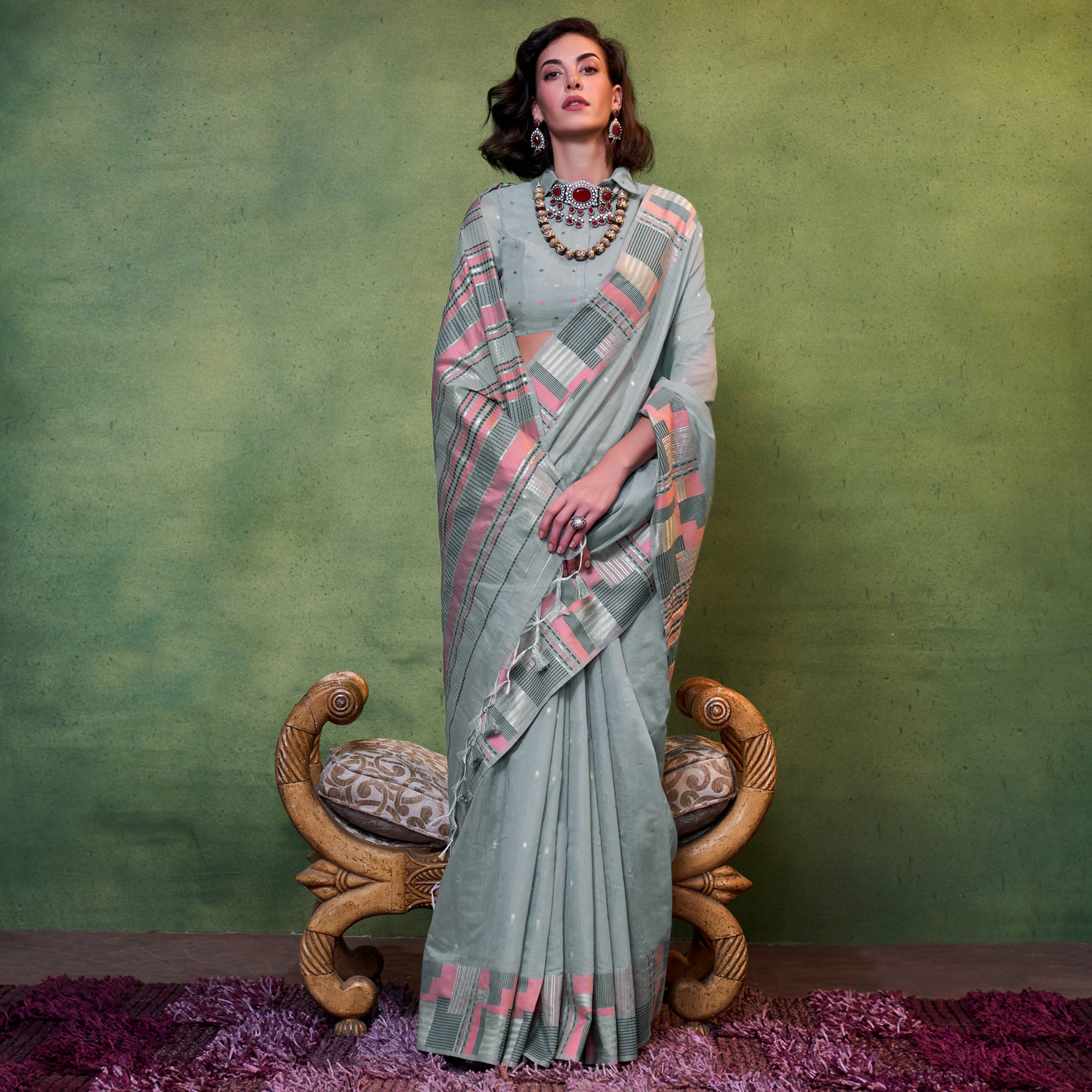 Grey Woven Cotton Silk Saree With Tassels