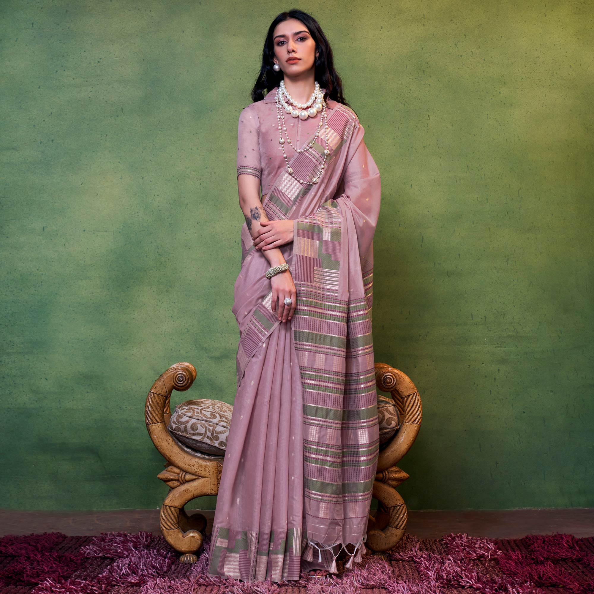 Mauve Woven Cotton Silk Saree With Tassels