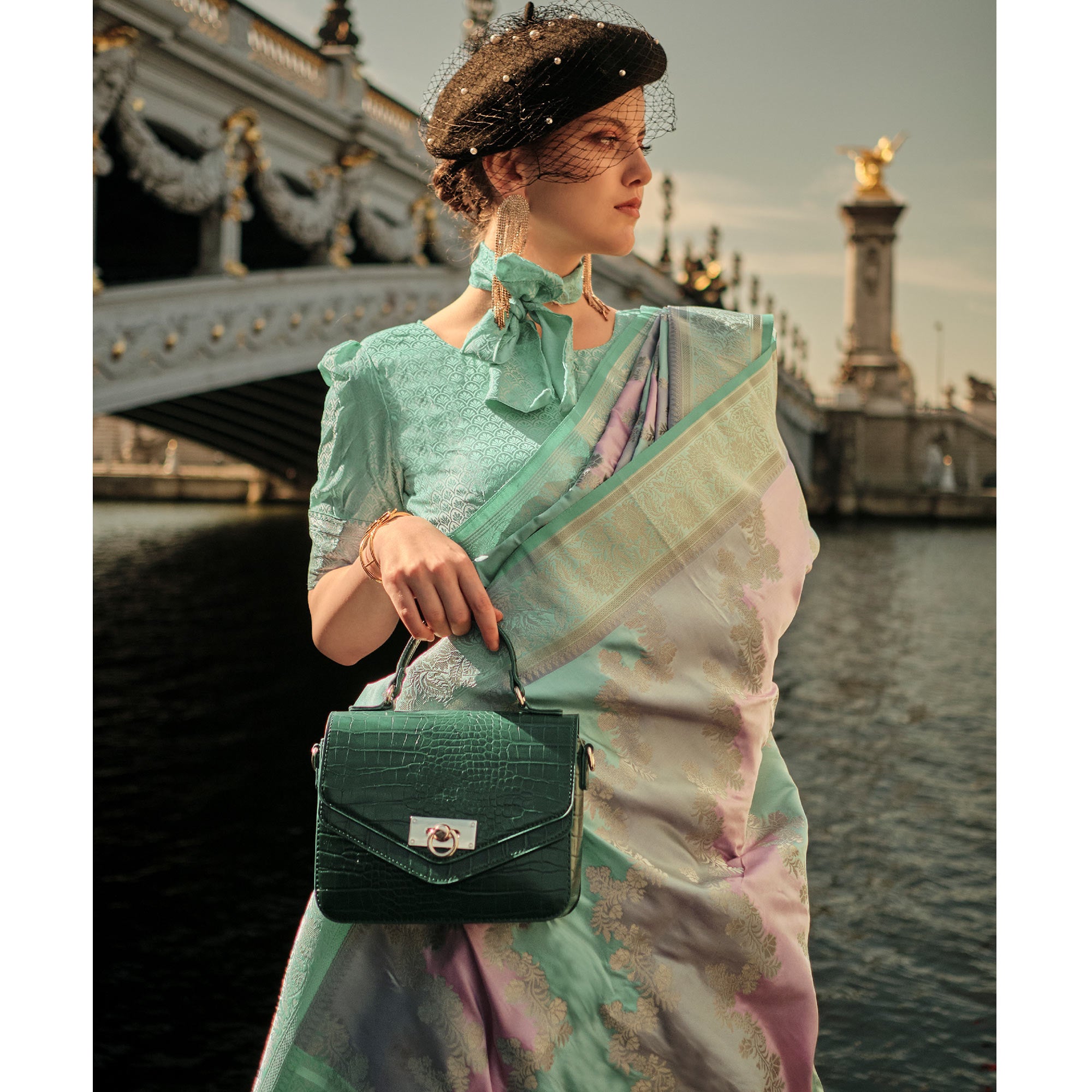 Sea Green Floral Woven Satin Saree With Tassels