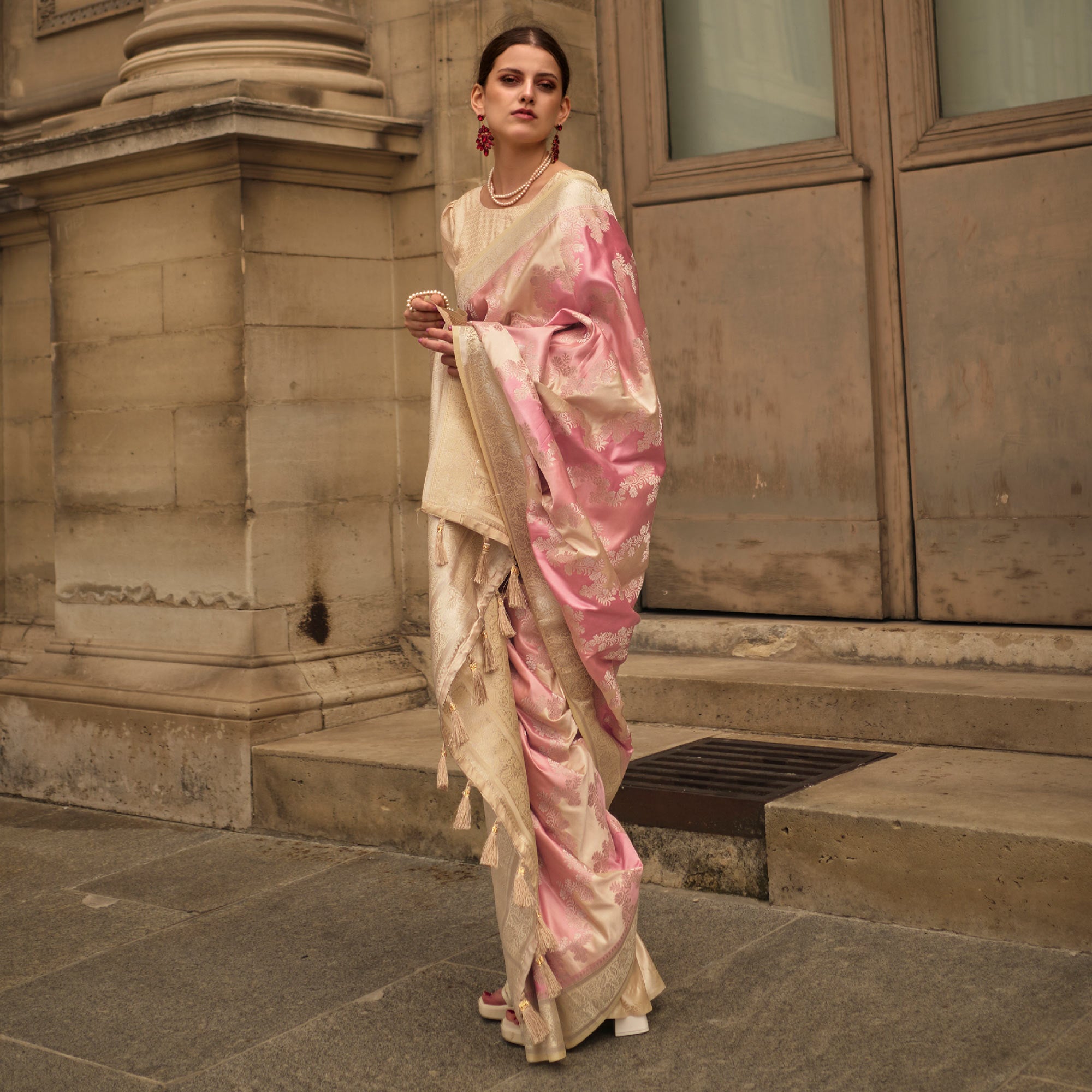 Off White Floral Woven Satin Saree With Tassels