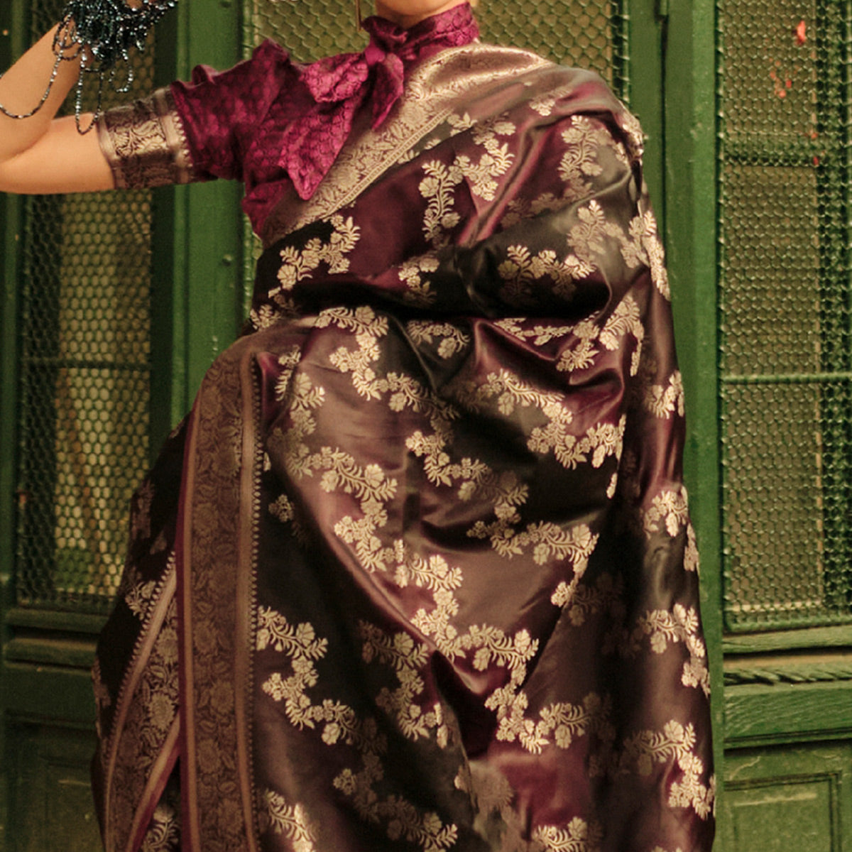 Wine Floral Woven Satin Saree With Tassels