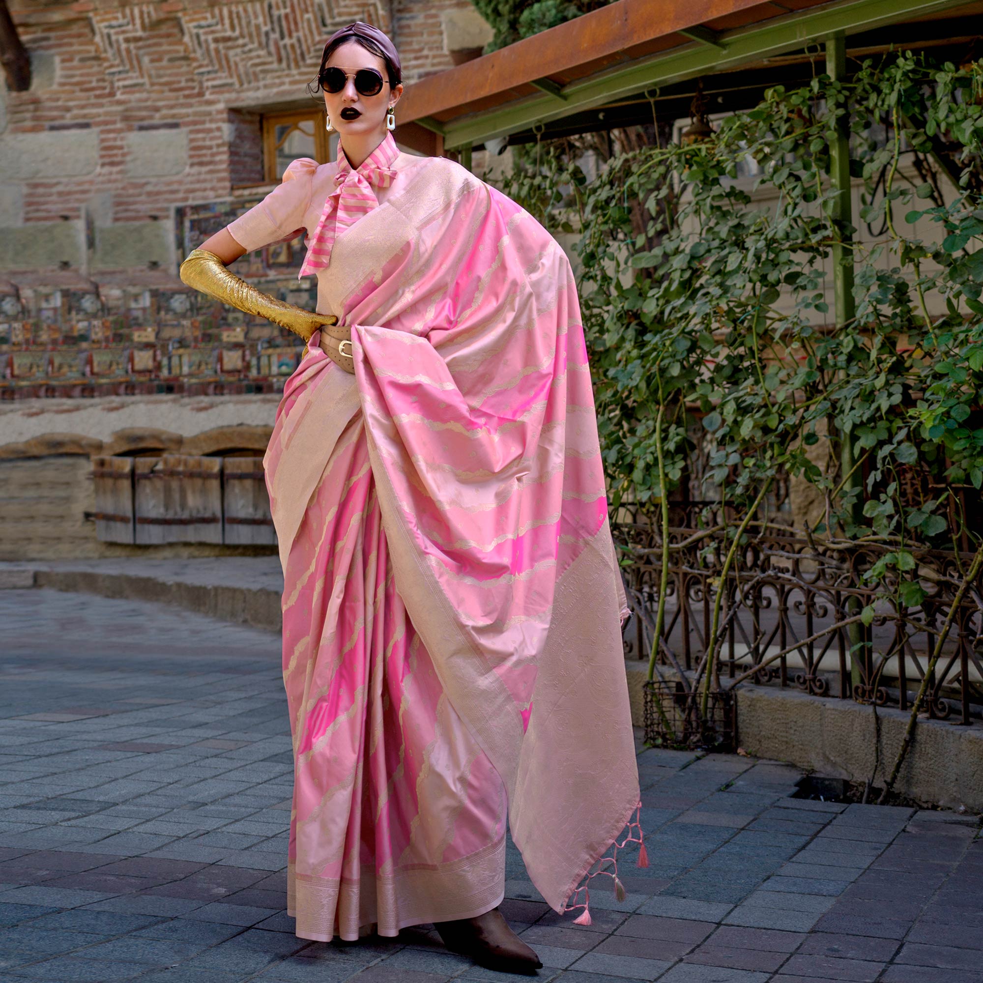 Peach Zari Work Woven Mulberry Silk Saree