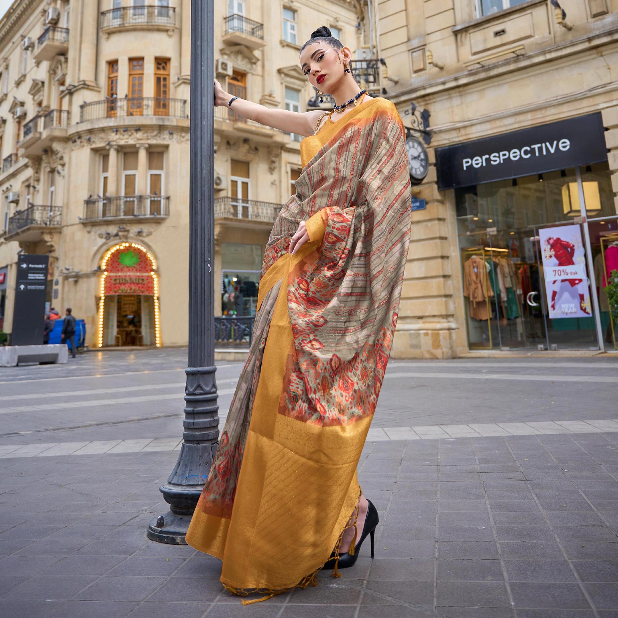 Grey Floral Printed Brasso Saree With Tassels