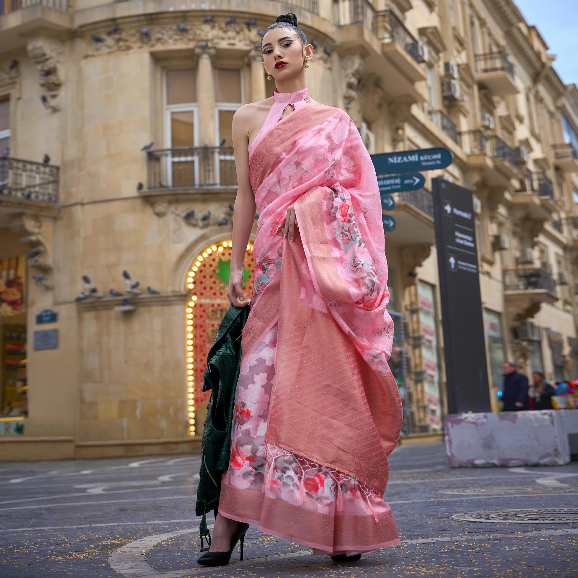Pink Floral Woven Brasso Saree With Tassels