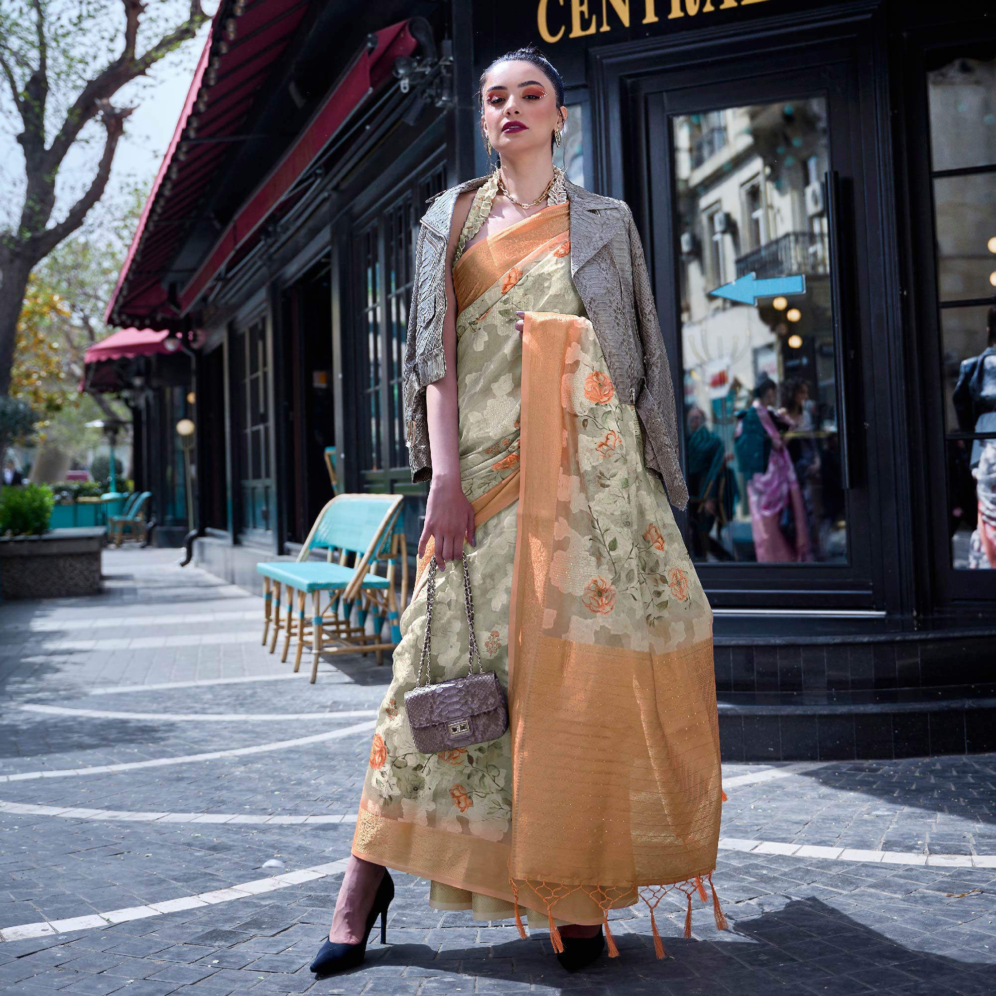 Beige Floral Woven Brasso Saree With Tassels