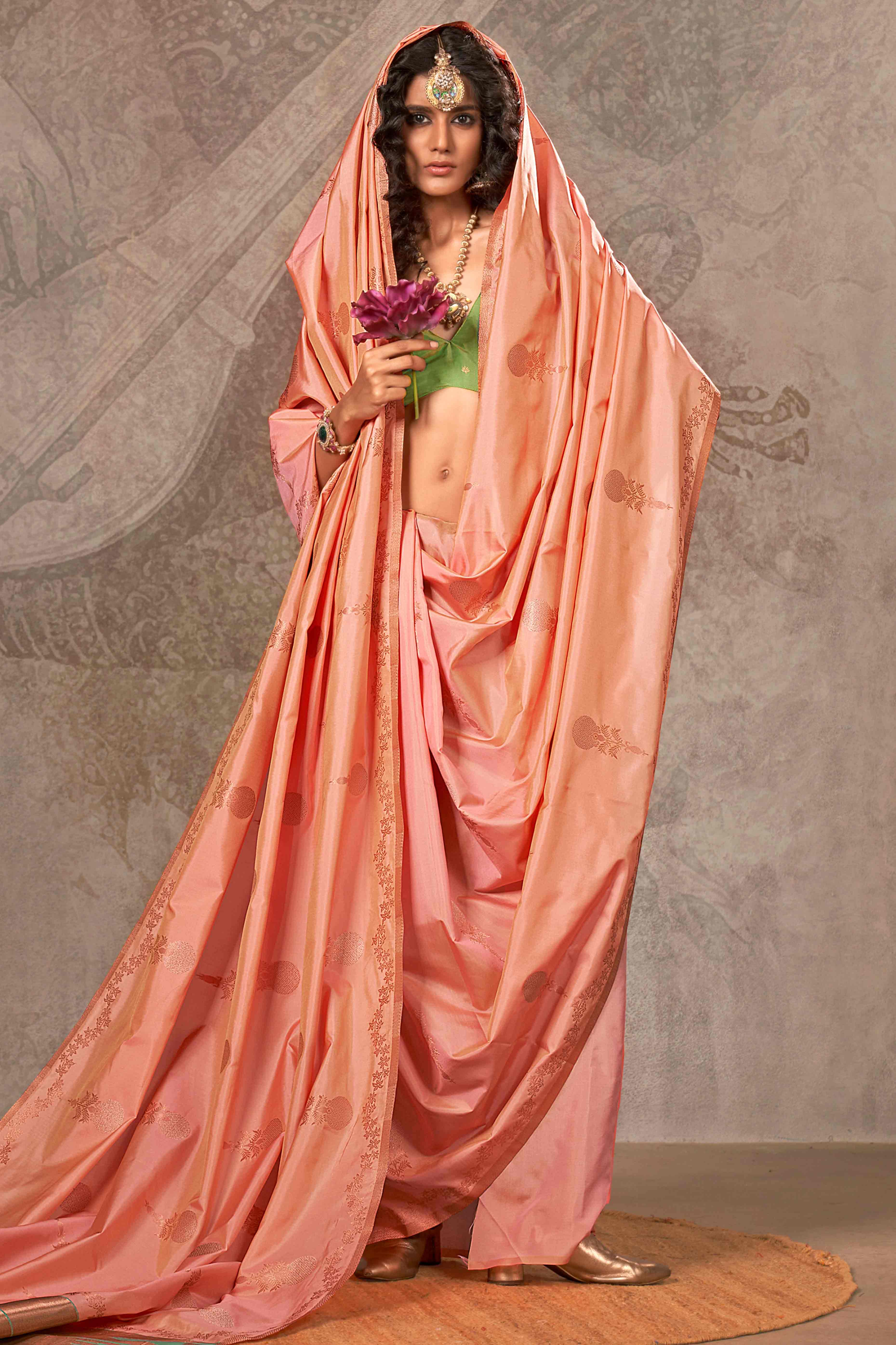 Peach Banarasi Silk Saree with Floral Zari Weaving