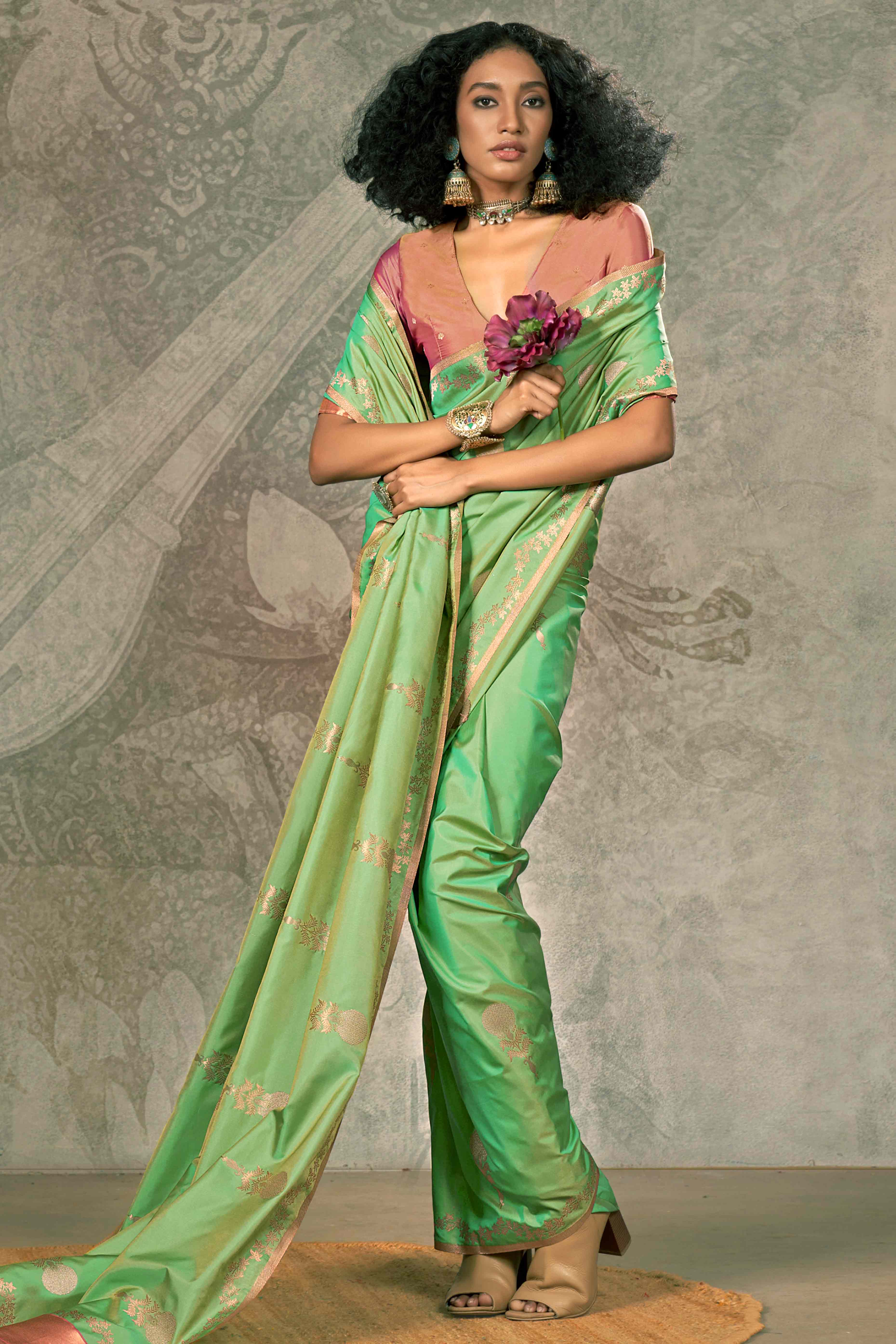 Green Banarasi Silk Saree with Floral Zari Weaving