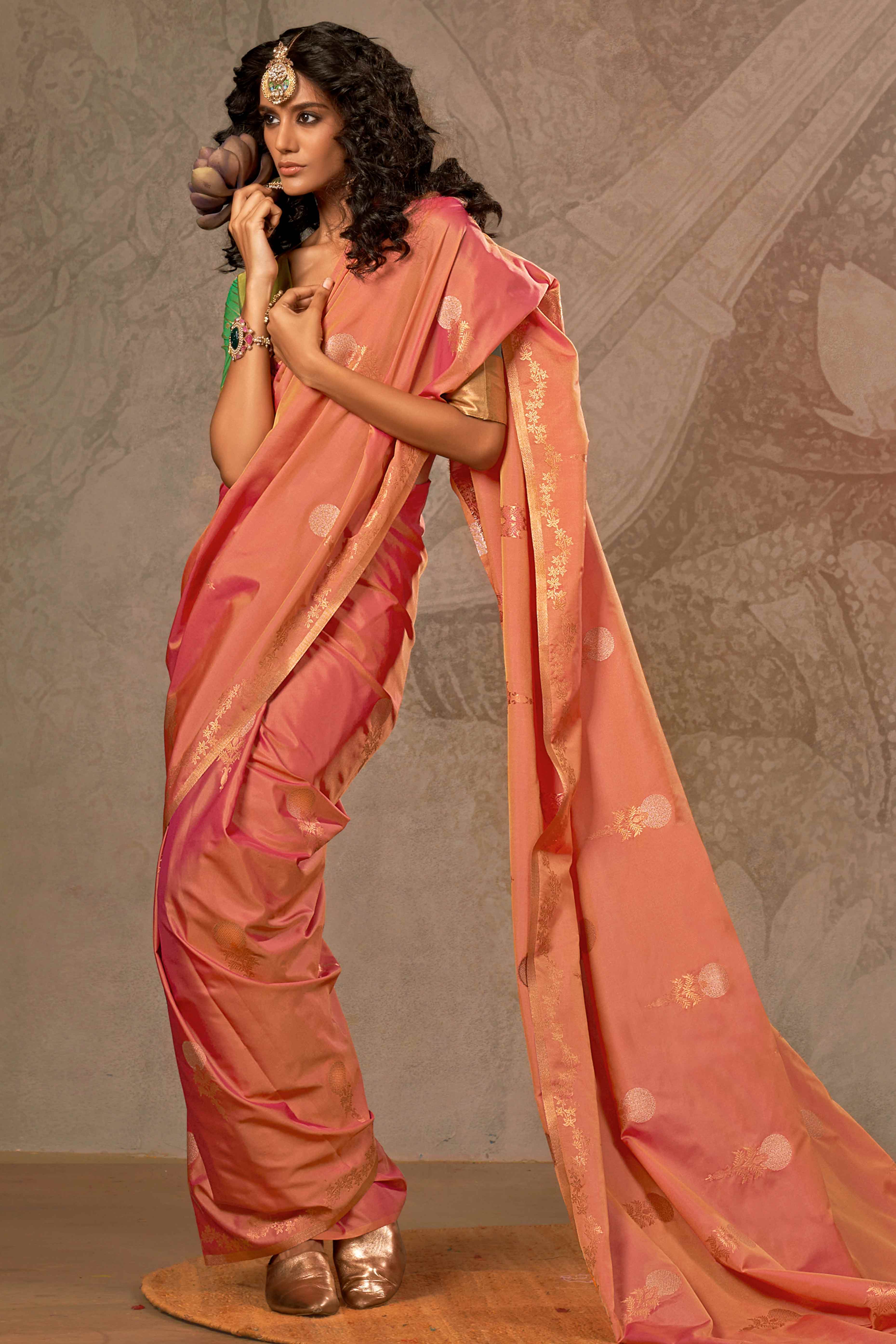Dark Peach Banarasi Silk Saree with Floral Zari Weaving