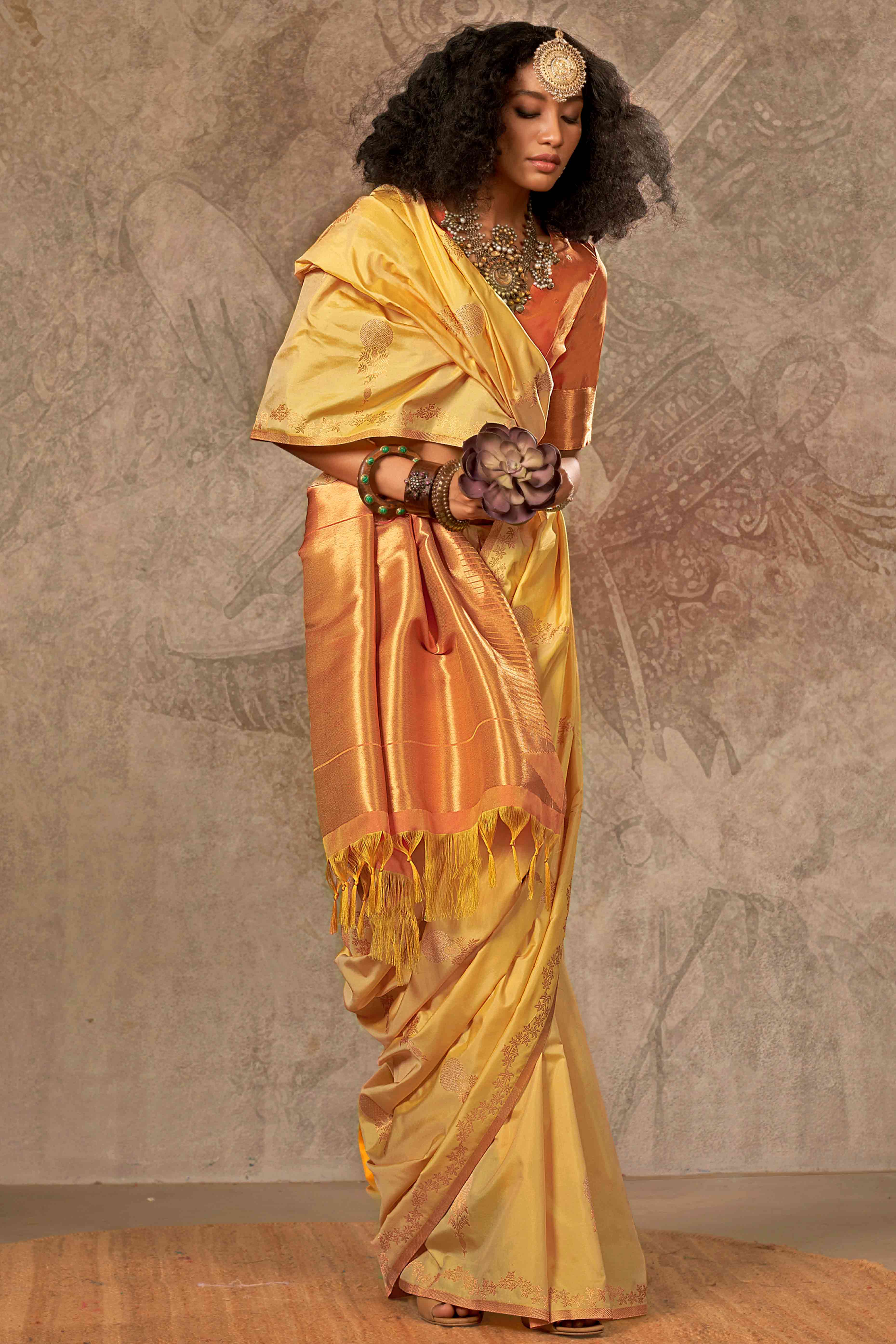 Yellow Banarasi Silk Saree with Floral Zari Weaving