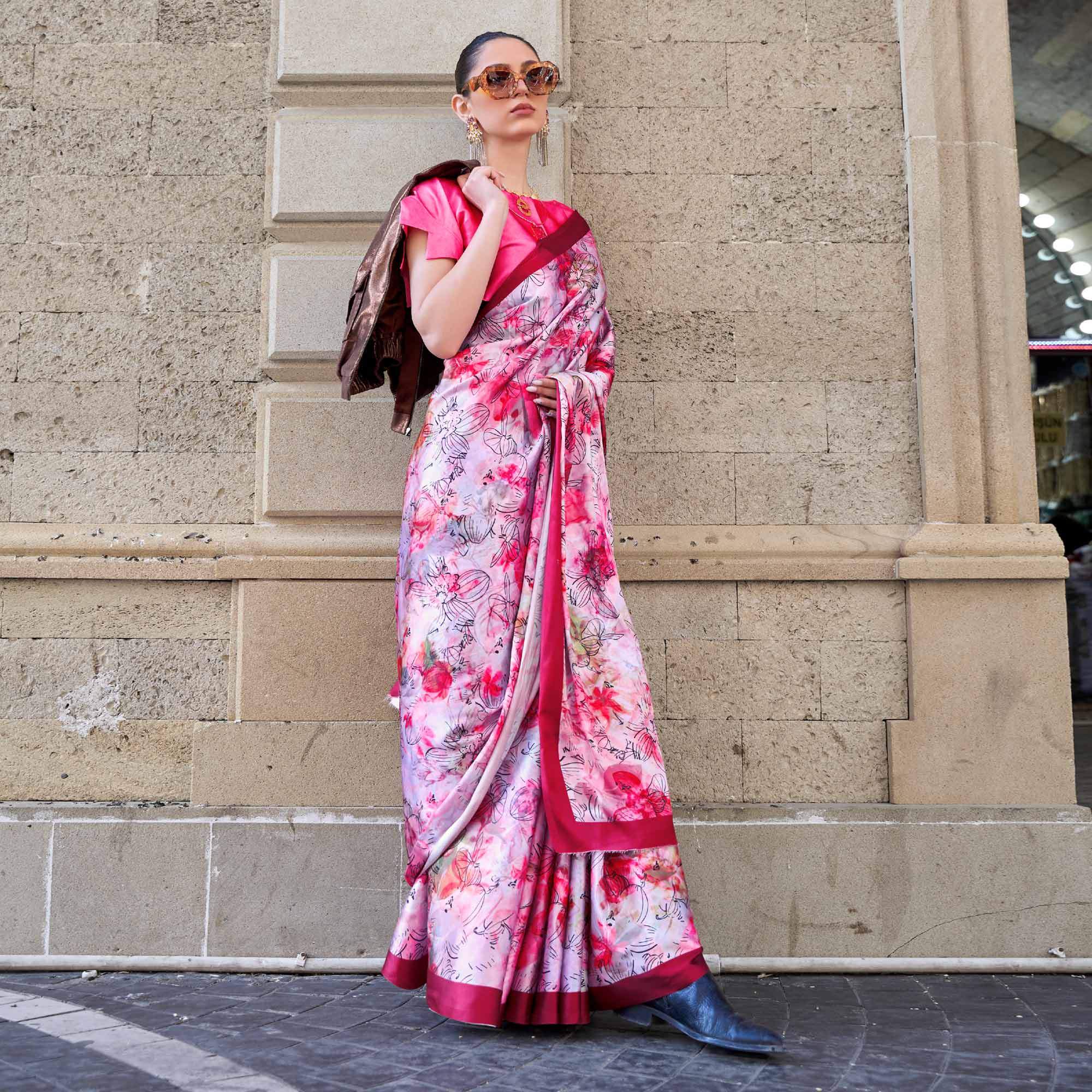 Pink Digital Printed Satin Saree