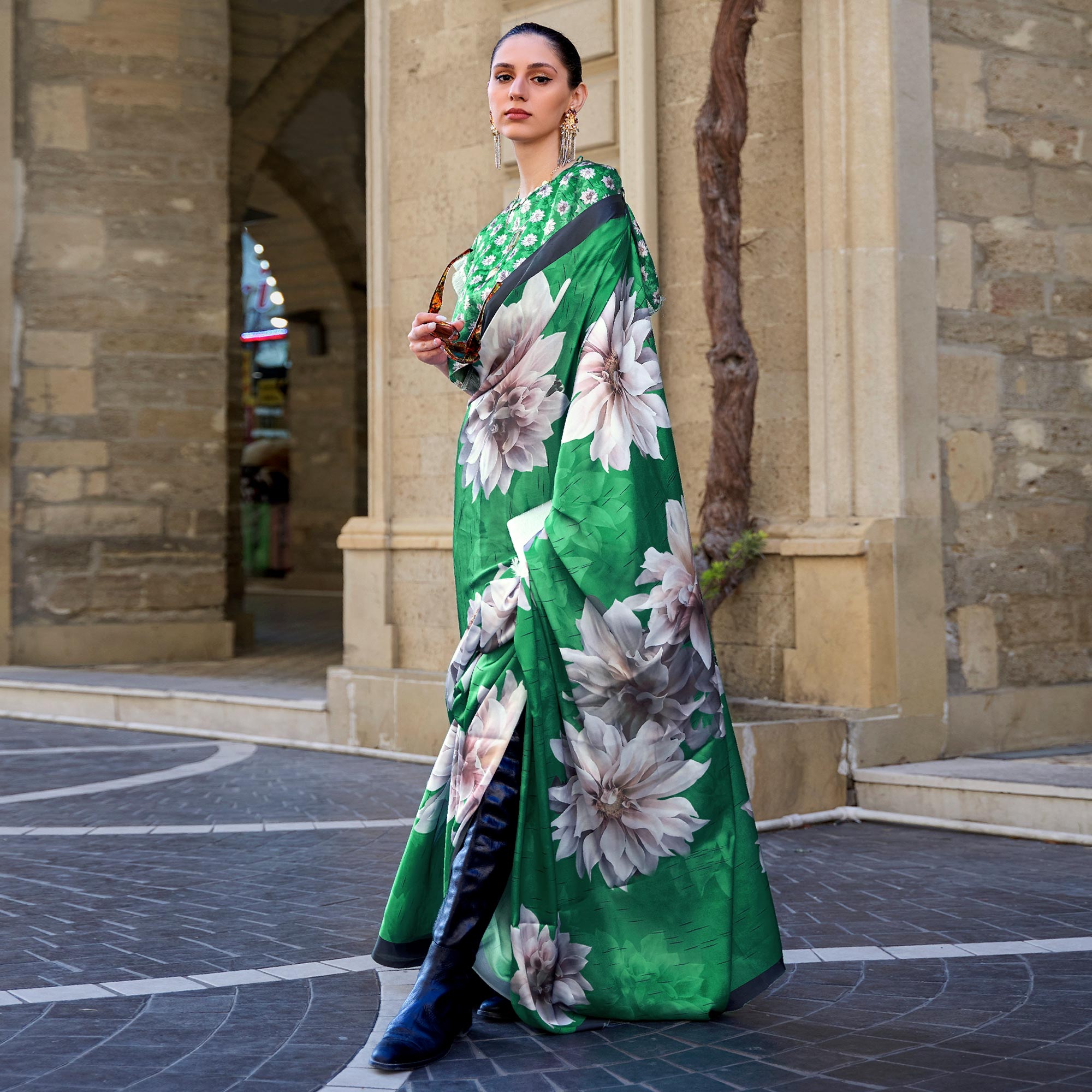 Green Digital Printed Satin Saree