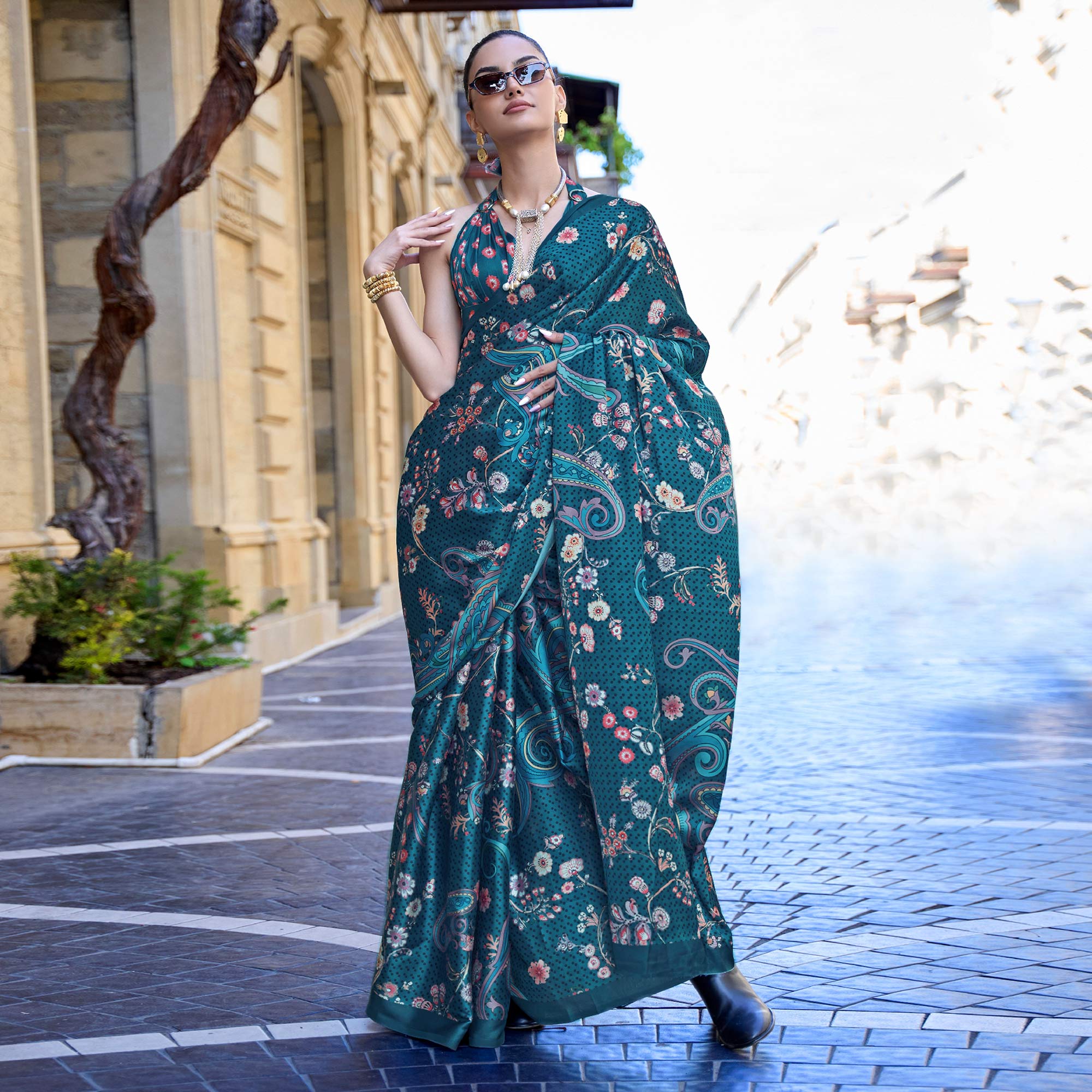 Teal Blue Digital Printed Satin Saree
