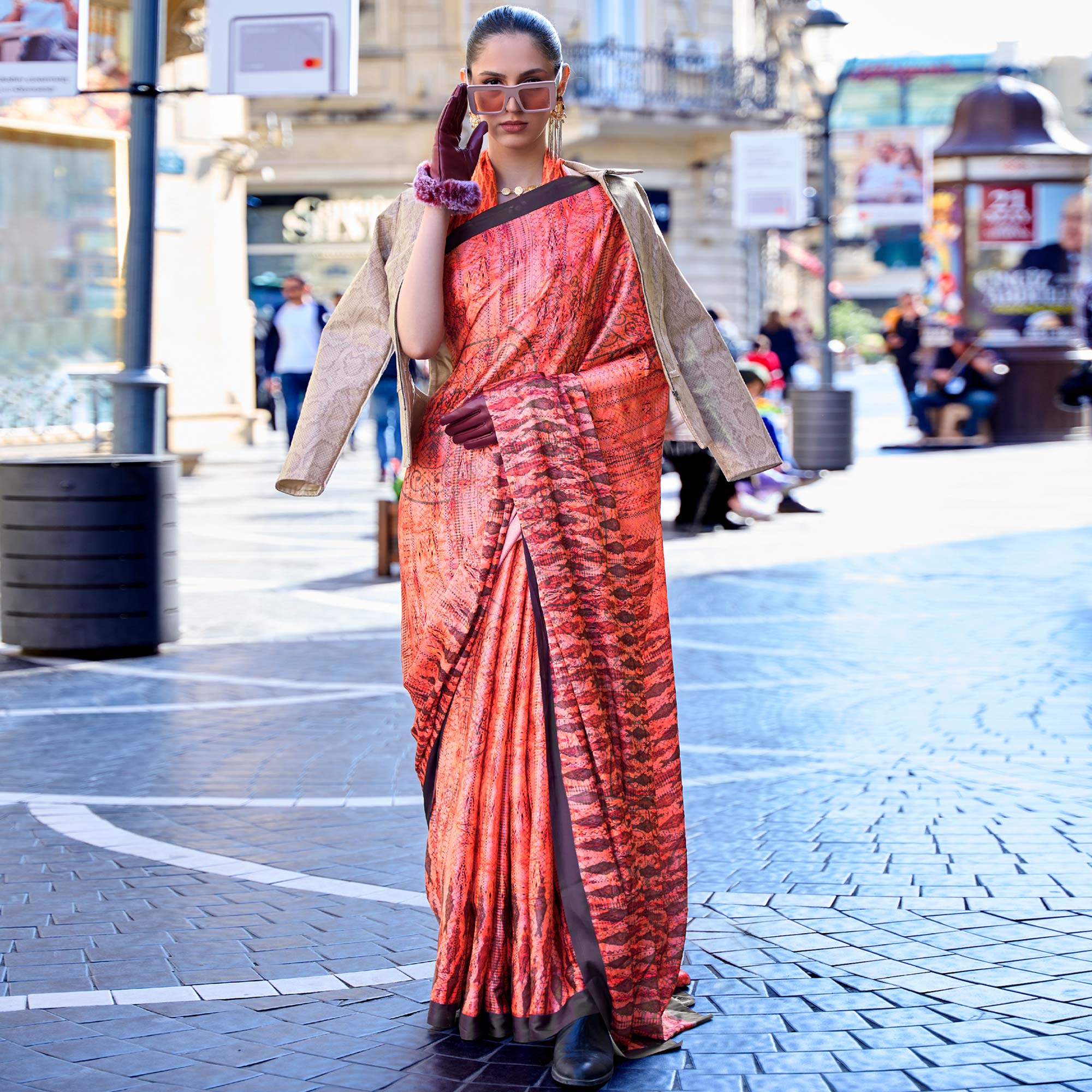 Peach Digital Printed Satin Saree