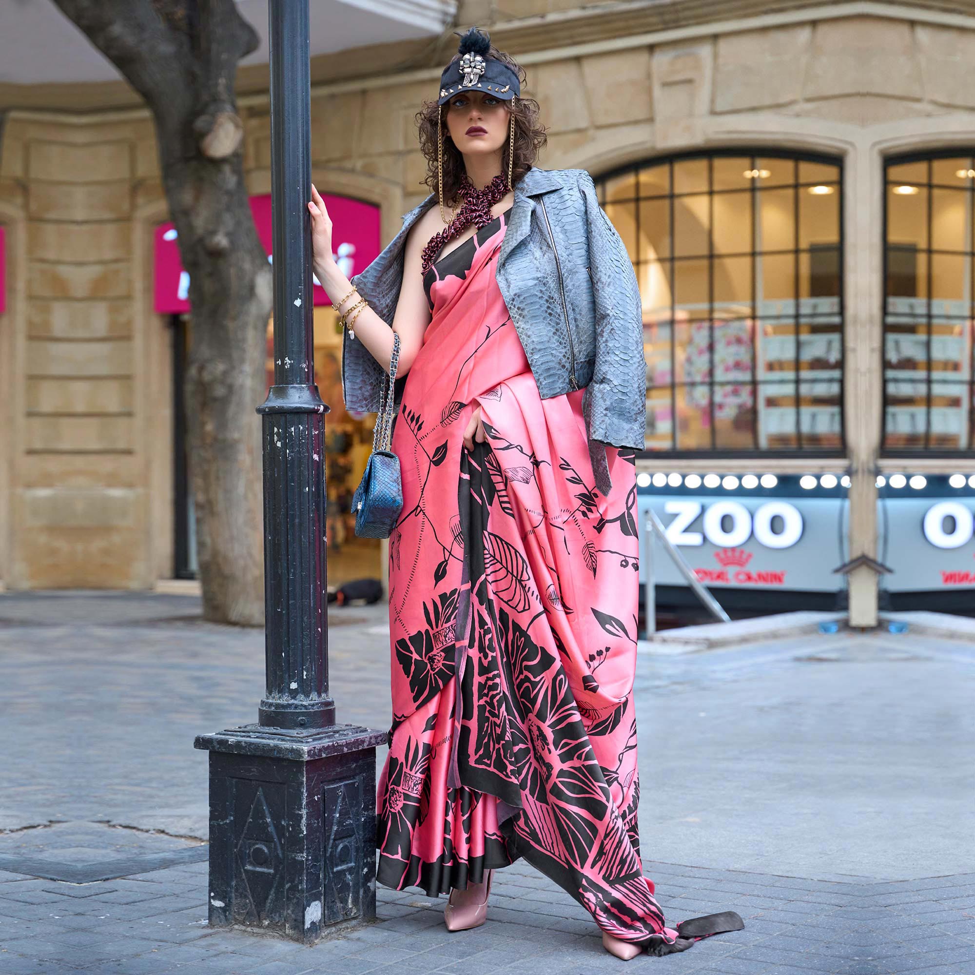 Pink Printed Satin Saree