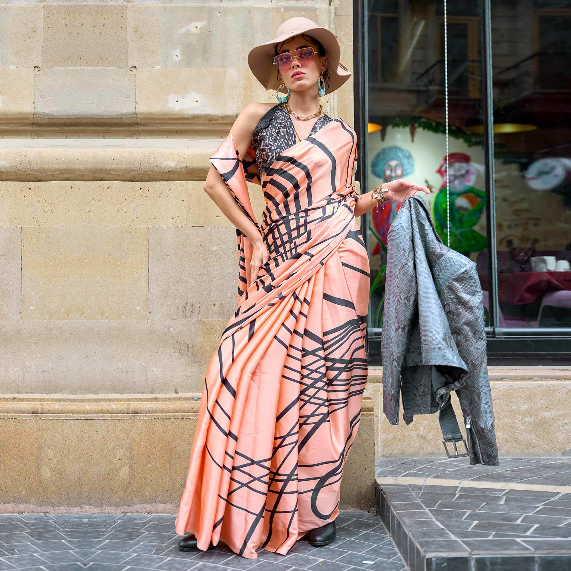 Peach Printed Satin Saree