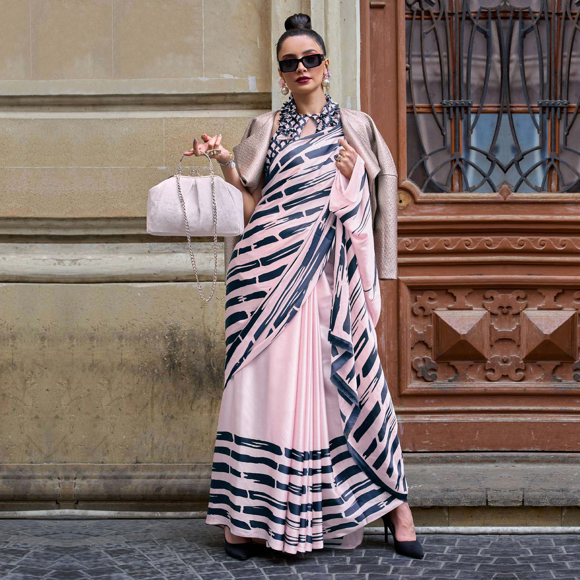 Pink Printed Satin Saree