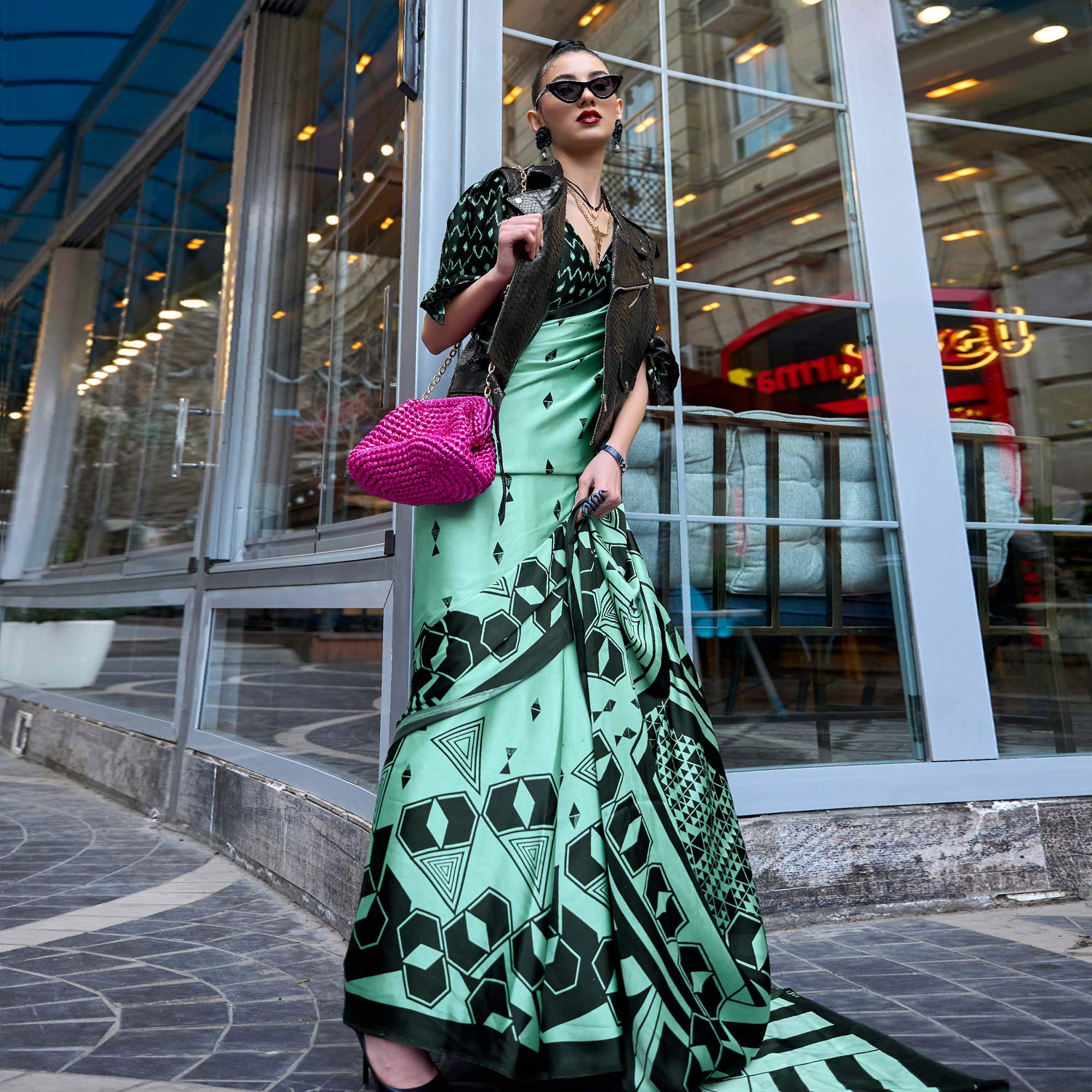 Sea Green Printed Satin Saree