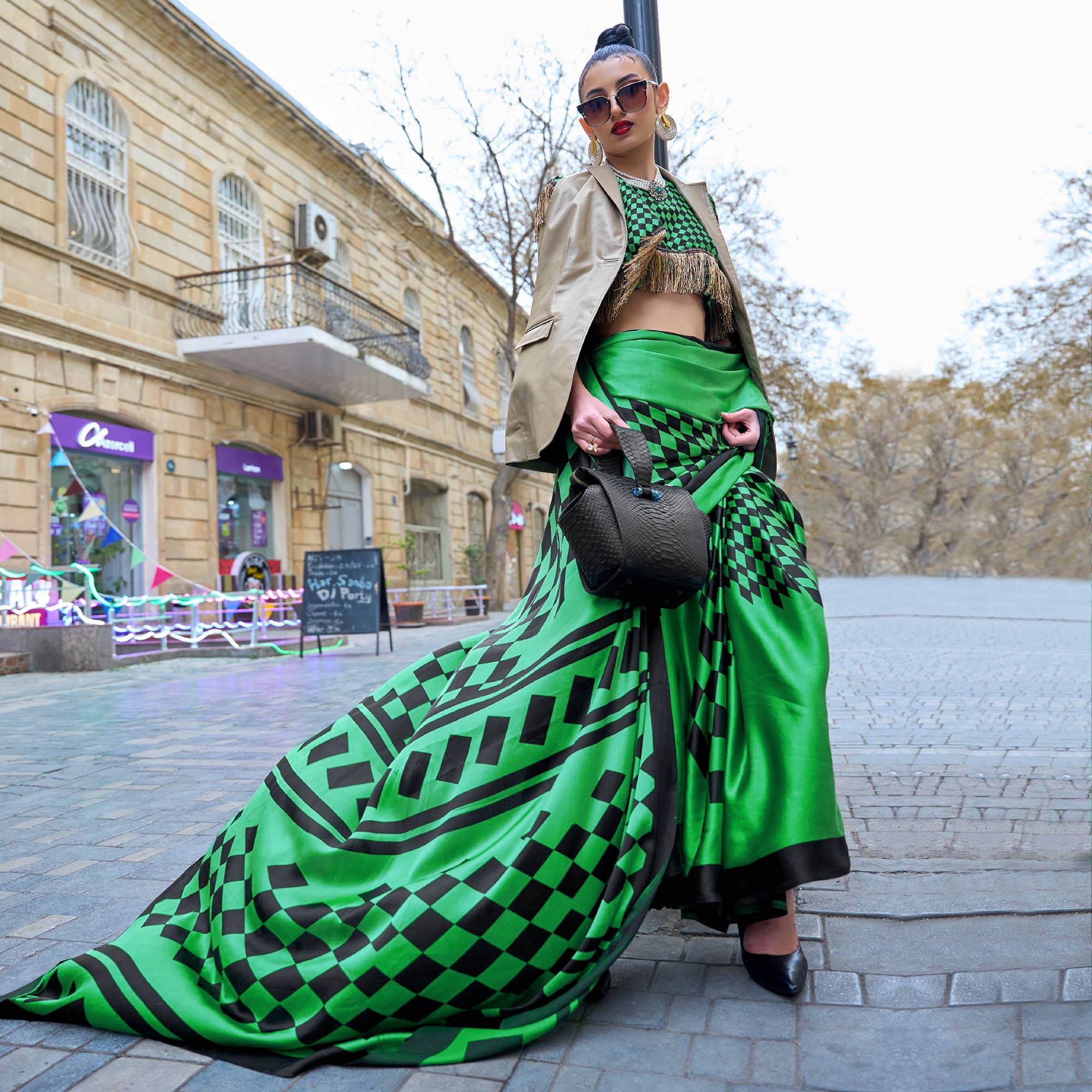 Green Printed Satin Saree