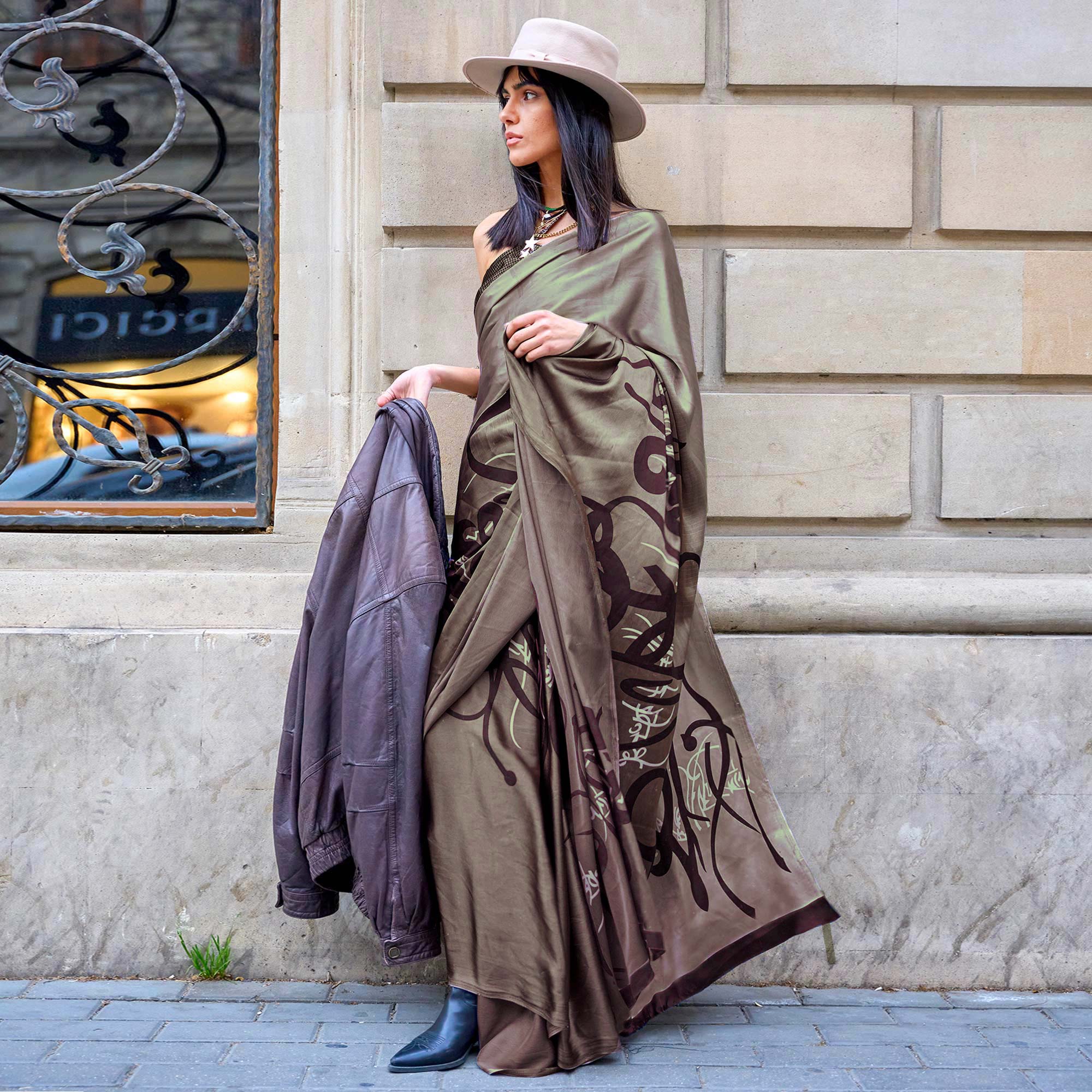 Brown Printed Satin Saree