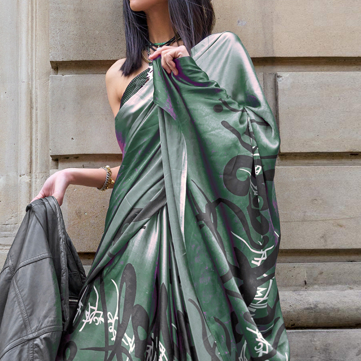 Green Printed Satin Saree