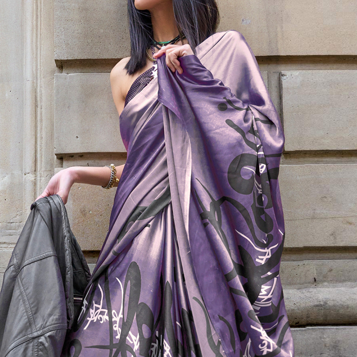 Purple Printed Satin Saree