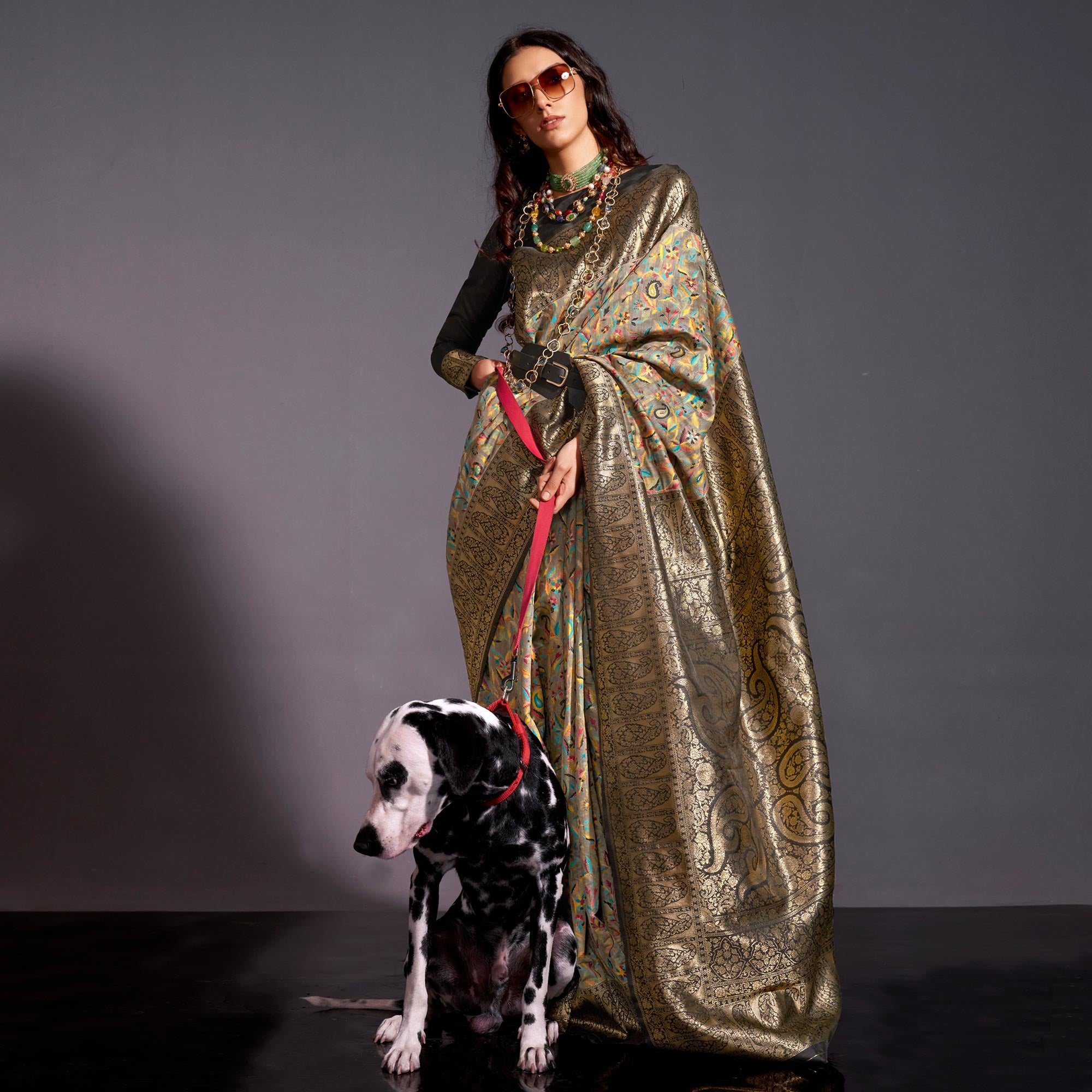 Grey Floral Woven Chanderi Silk Saree