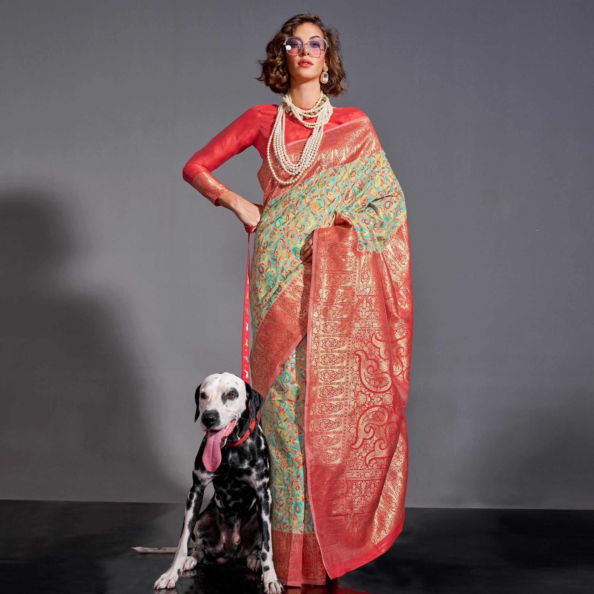 Pista Green Floral Woven Chanderi Silk Saree