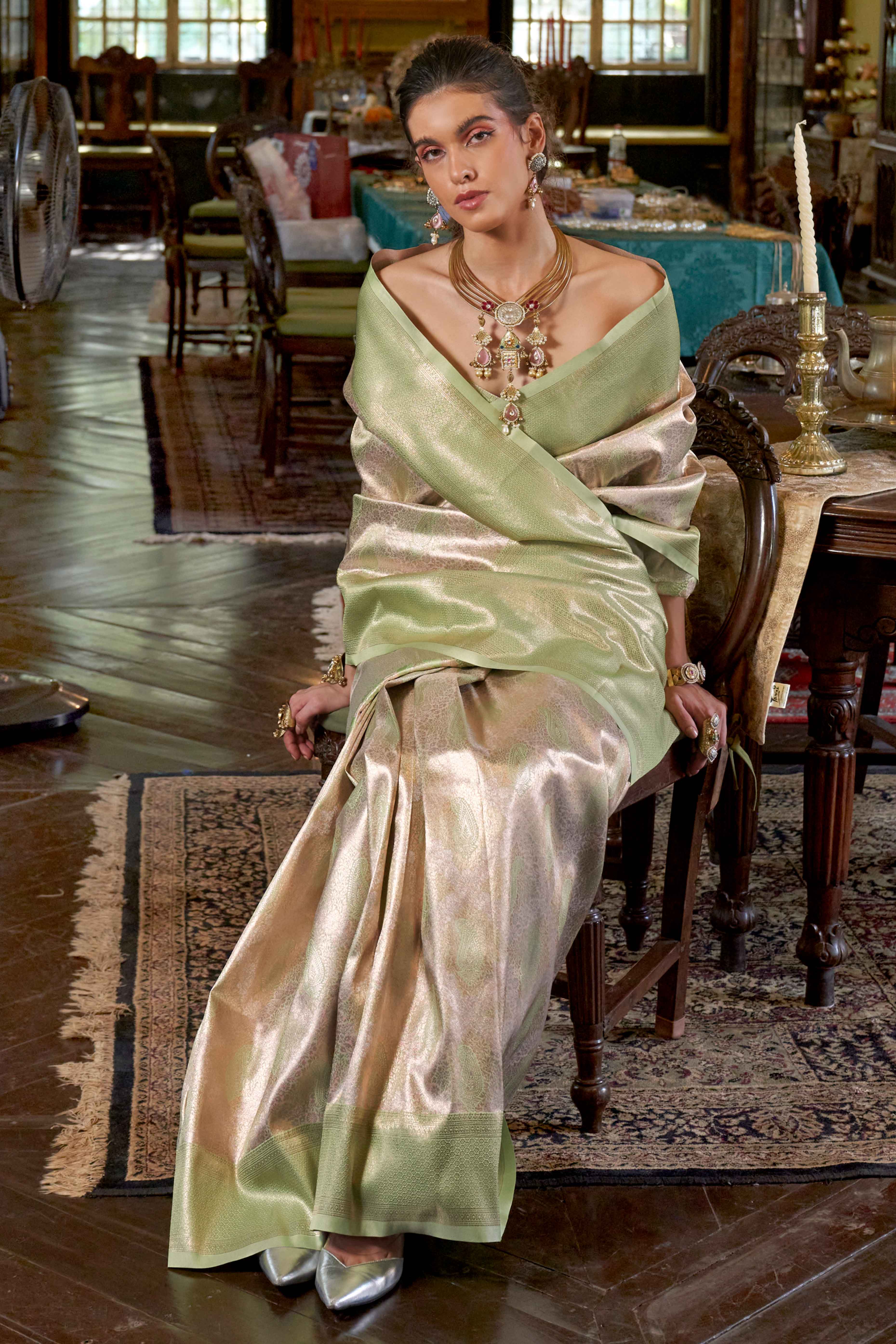 Green Kanjivaram Saree in Lustrous Silk with Exquisite Zari Weaving