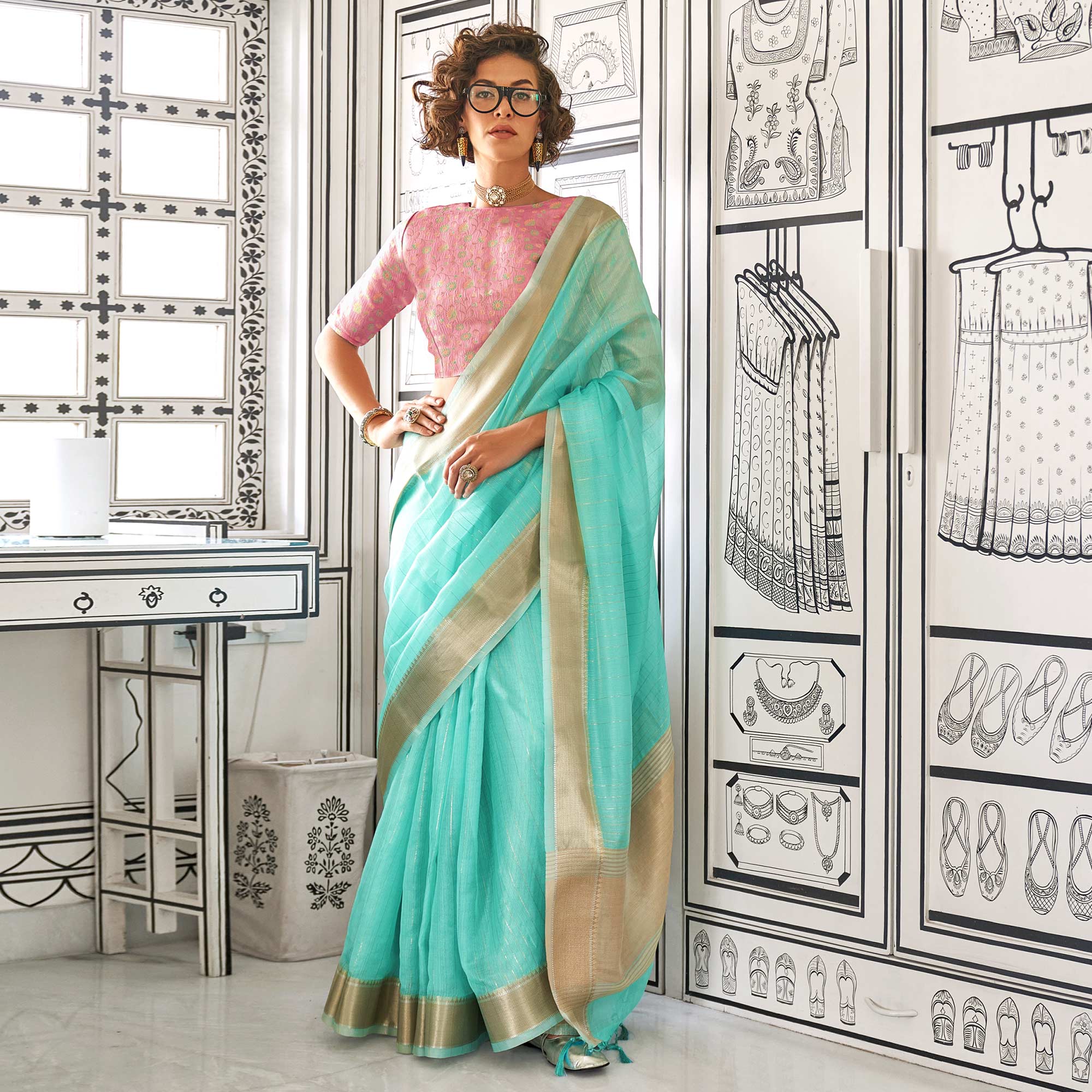 Turquoise Woven Zari Chiffon Saree