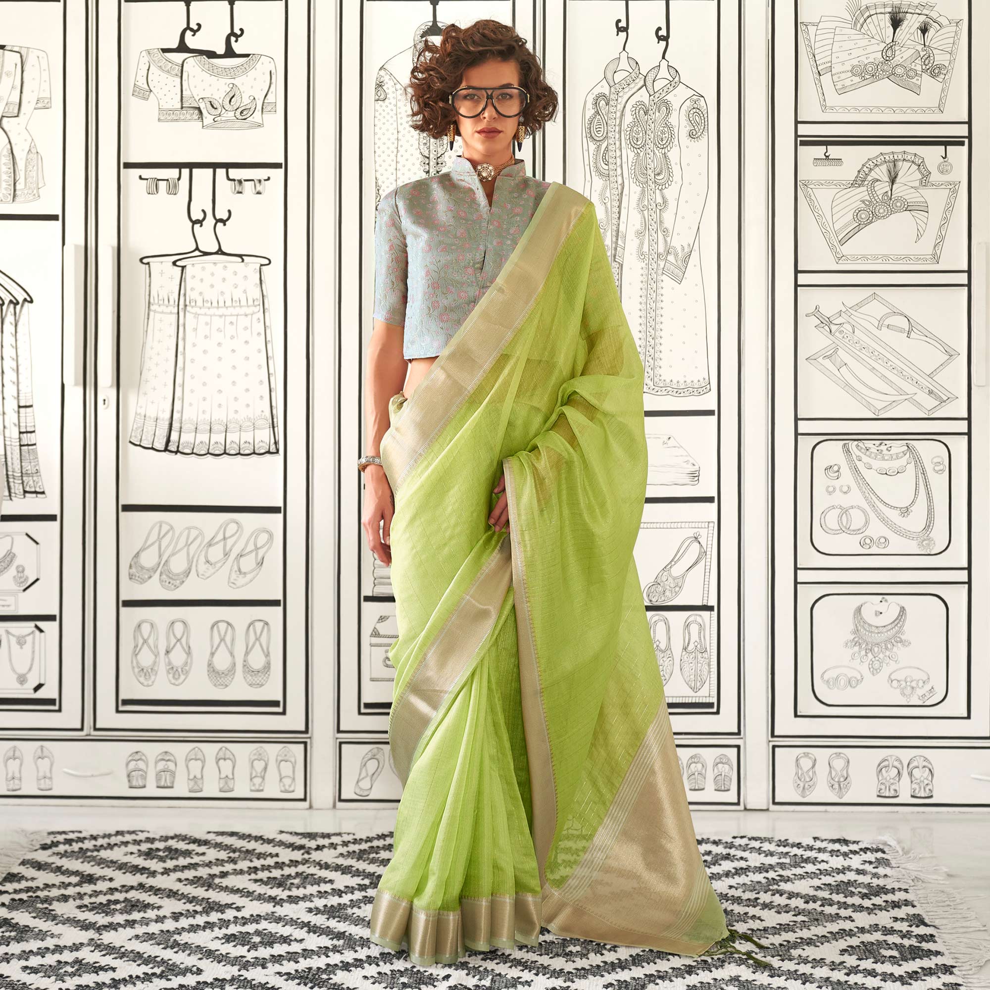 Green Woven Zari Chiffon Saree