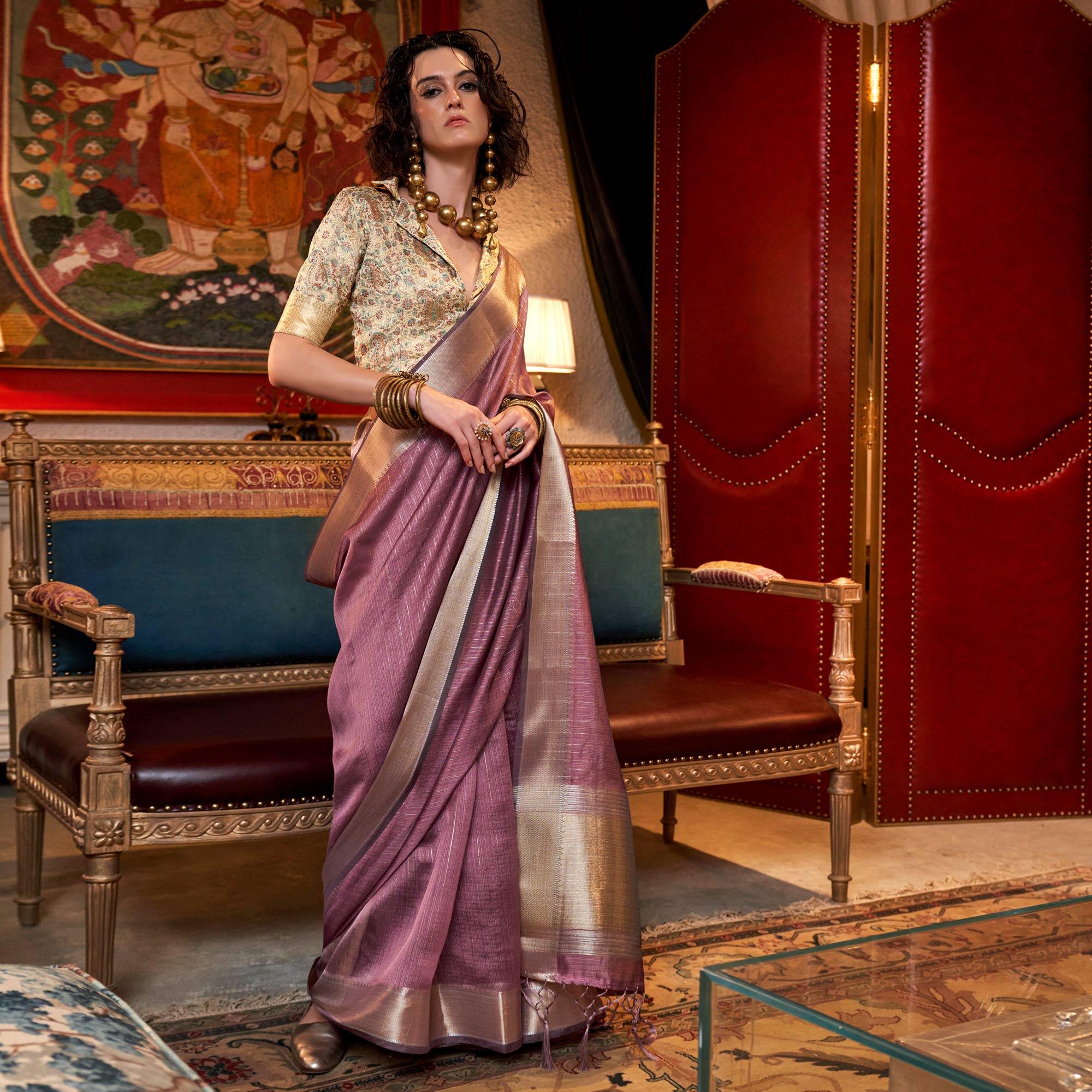 Mauve Handloom Woven Chiffon Saree