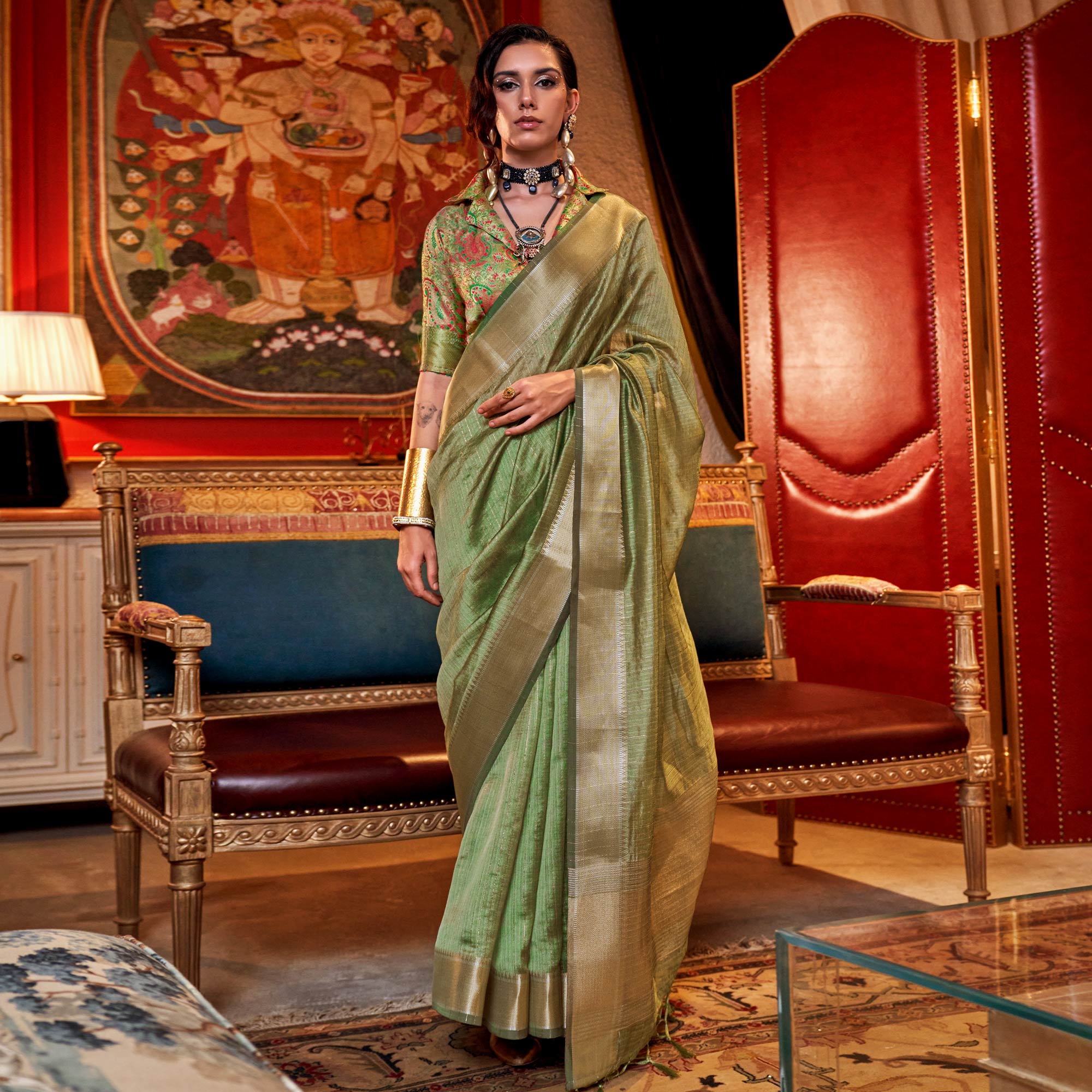 Green Handloom Woven Chiffon Saree