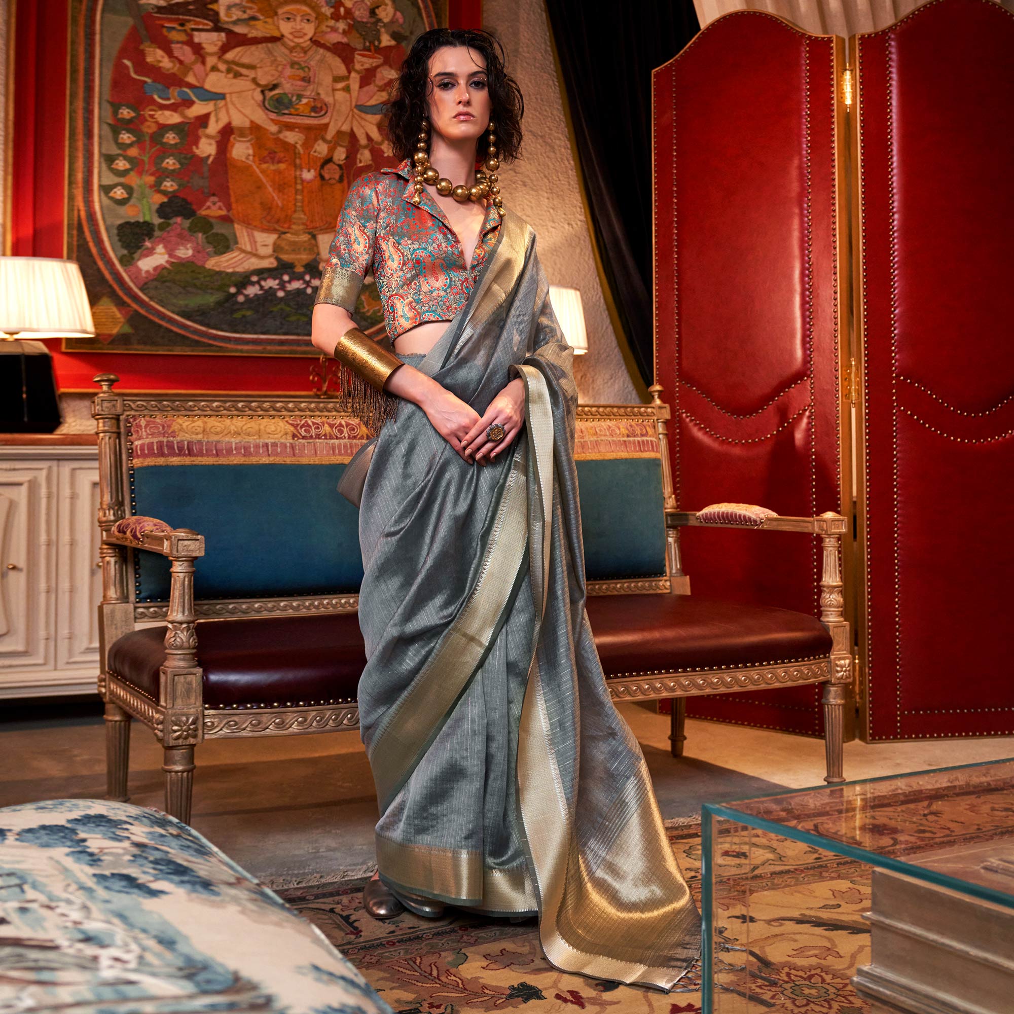 Grey Handloom Woven Chiffon Saree