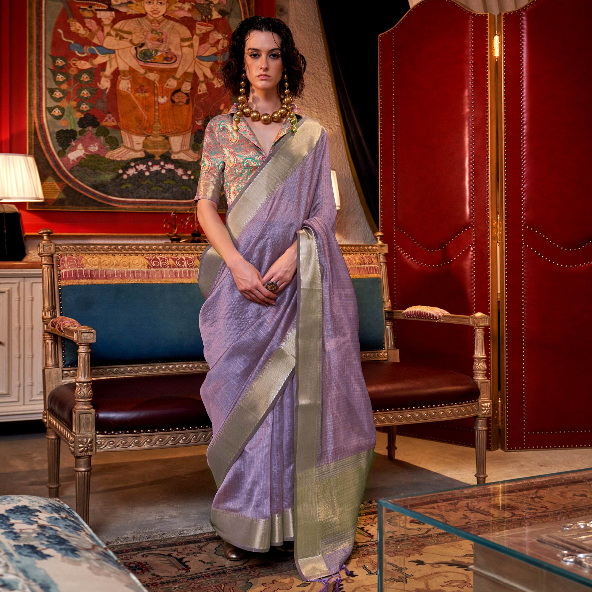 Lavender Handloom Woven Chiffon Saree