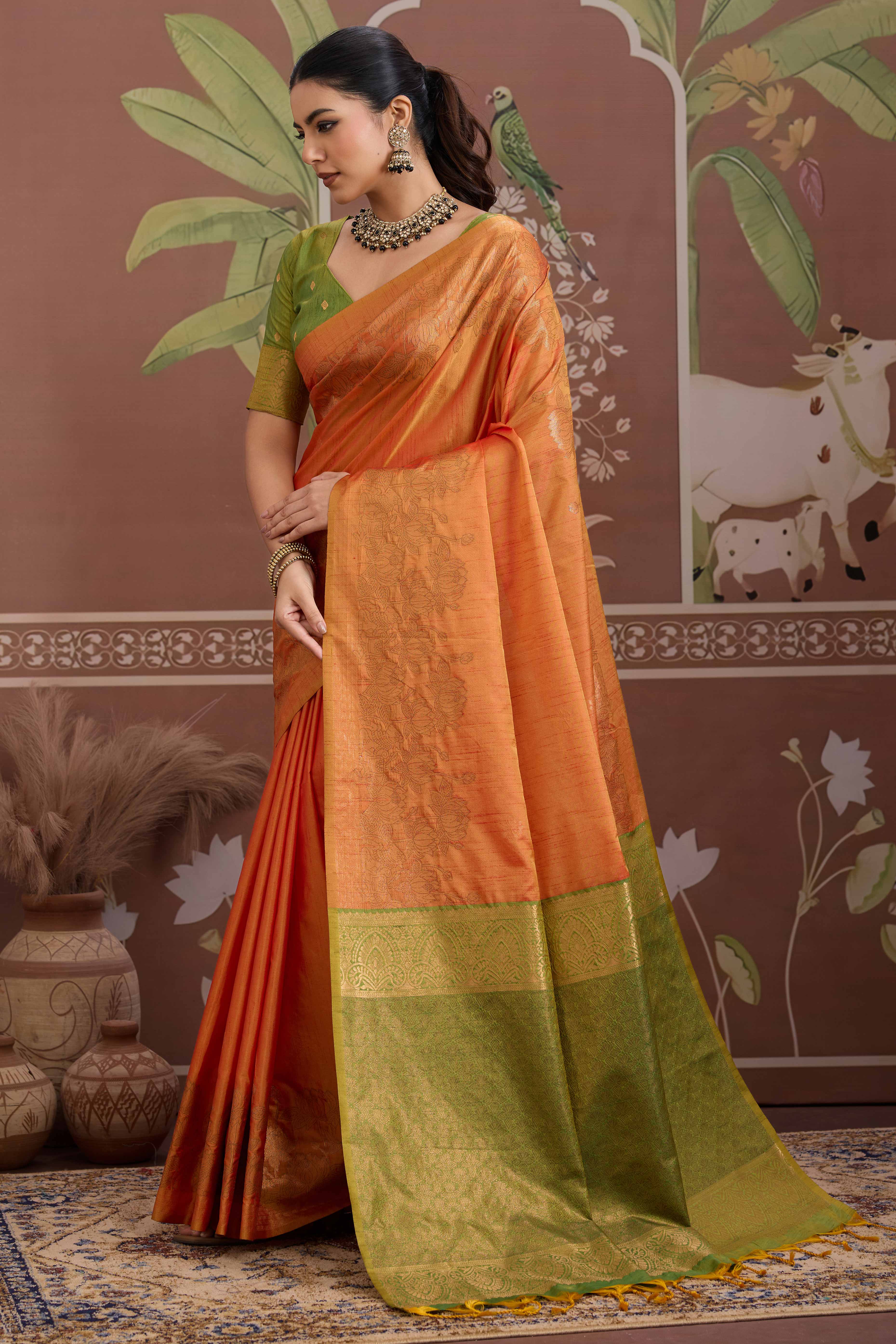 Luxury Orange Pichwai Style Saree in Silk Blend with Intricate Zari Work