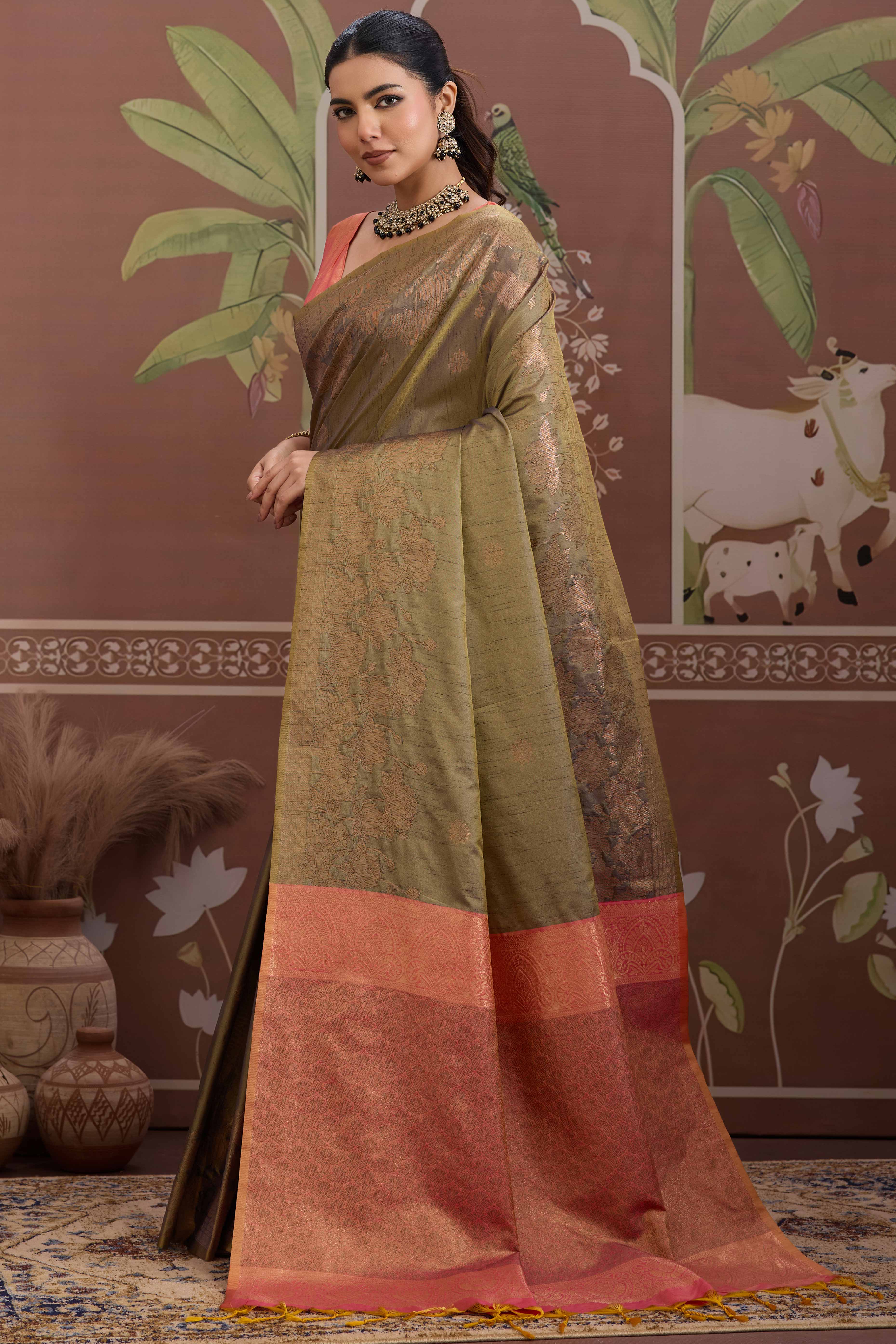 Luxury Olive Pichwai Style Saree in Silk Blend with Intricate Zari Work