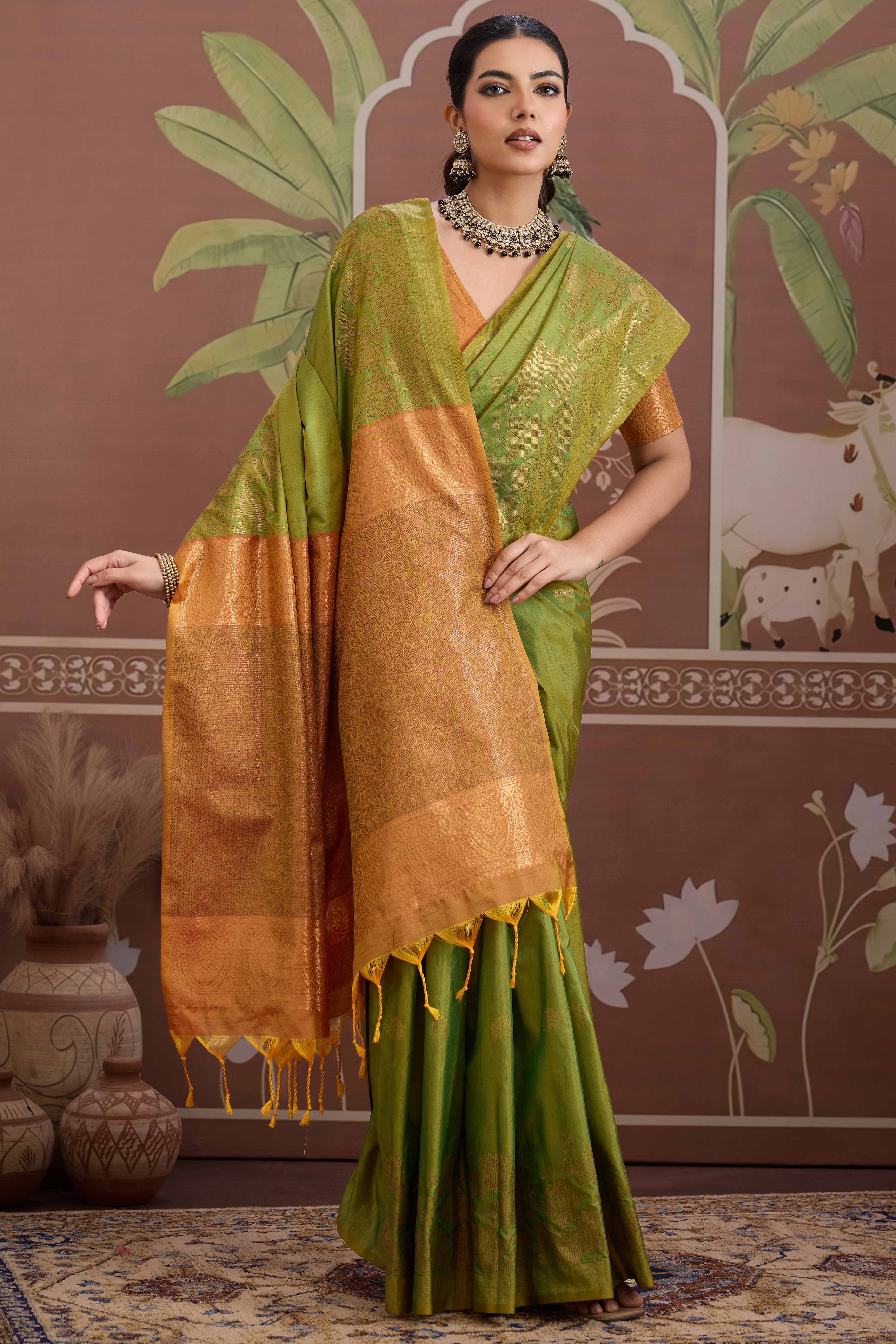 Luxury Lime Green Pichwai Style Saree in Silk Blend with Intricate Zari Work